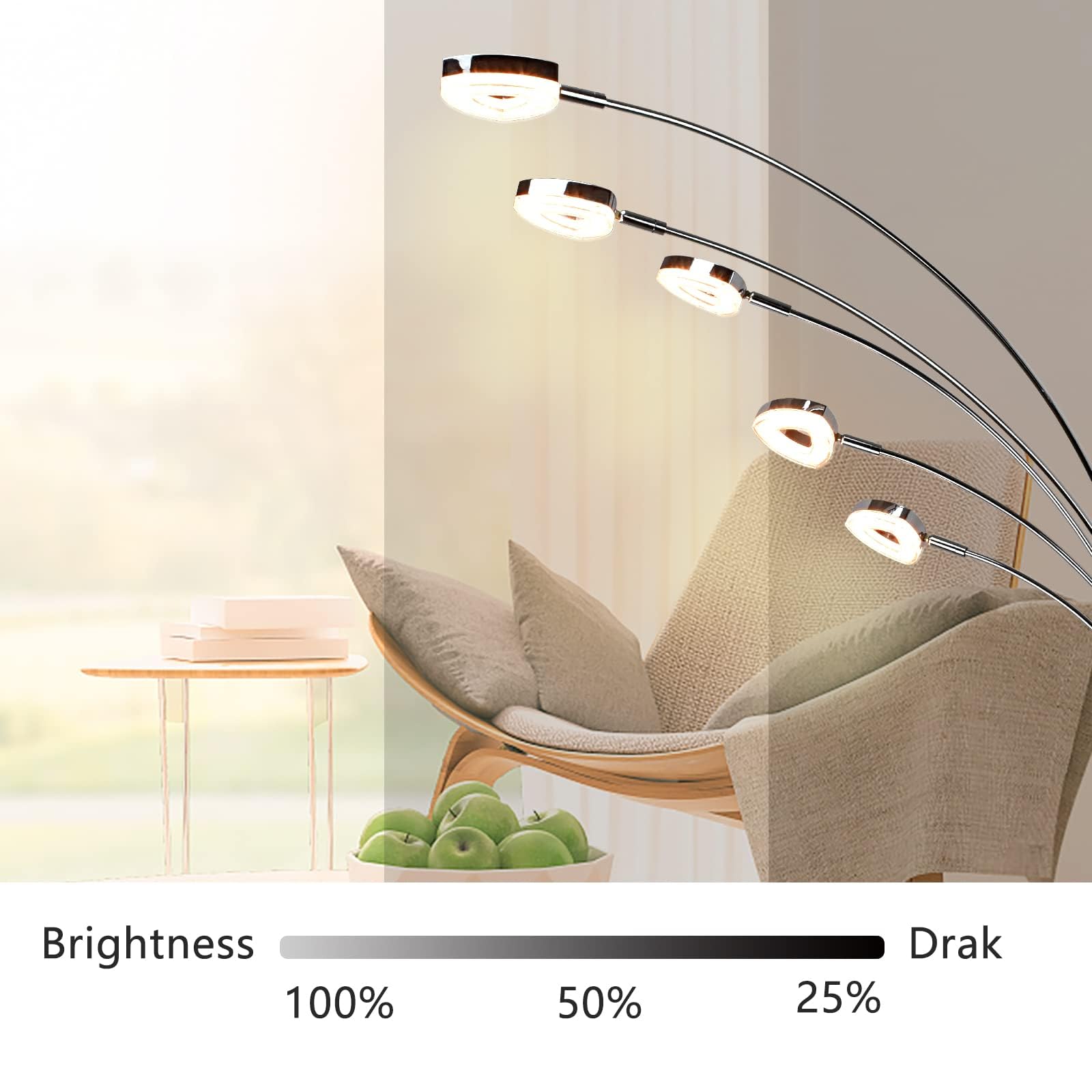 DINGLILIGHTING DLLT 5-Head Adjustable Arc Floor Lamp - Modern Spider Design with 5 Flexible Arms, 3 Brightness Levels (Warm White) - Silver Standing Tree Lamp for Living Room, Bedroom & Office - Perfect for Reading, Working and Ambient Lighting