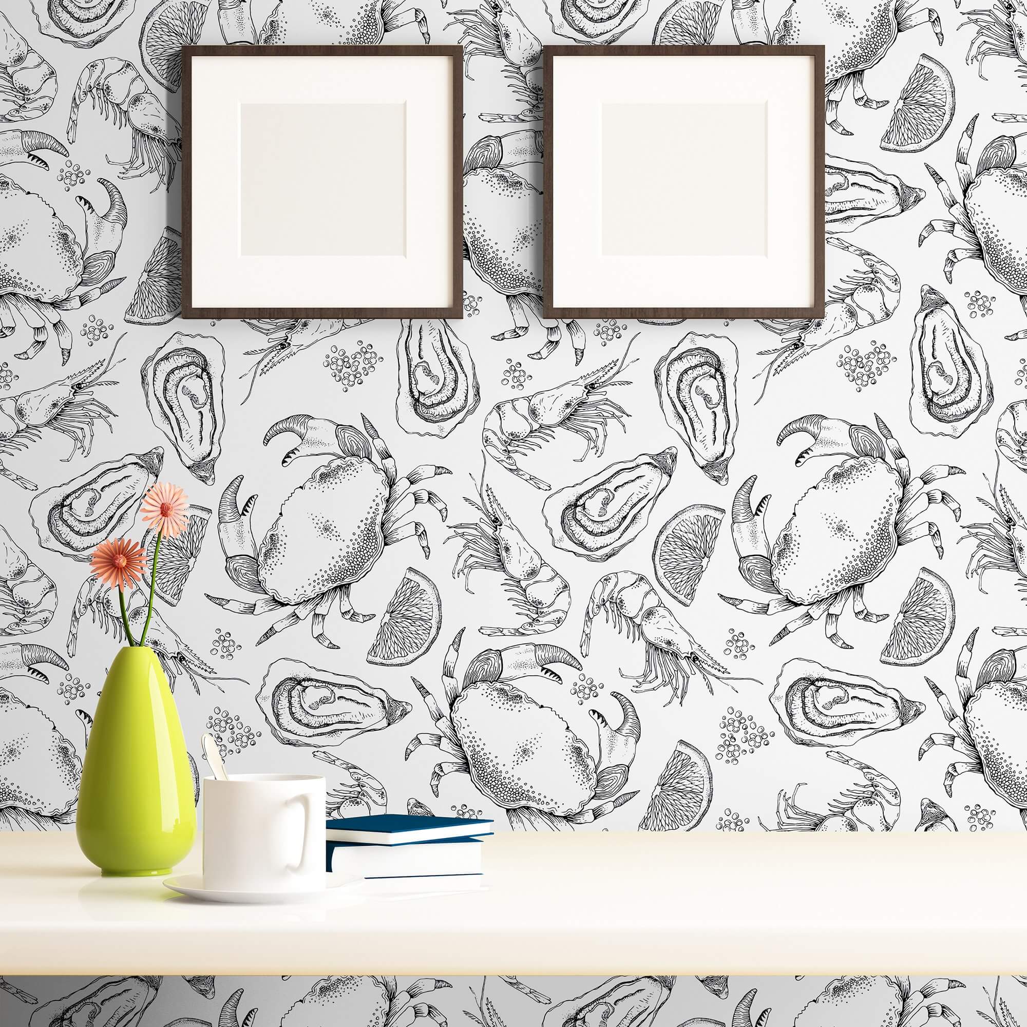 Black and White Fish Nautical Peel and Stick Removable Wallpaper - Self-Adhesive Decorative Wall Mural for Bathroom, Nursery, or Coastal-Themed Home Decor