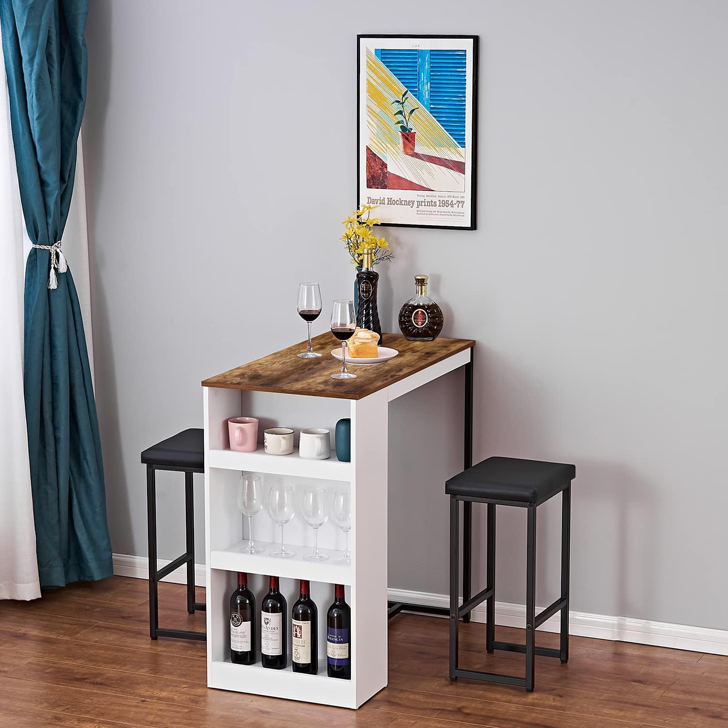 Panana 3-Piece Wooden Counter Height Dining Table Set with 2 Stools & Storage Shelves - Modern Kitchen Bar Table for Small Spaces, Breakfast Nook, or Apartment Dining
