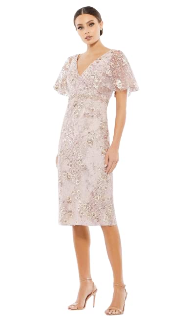 Mac Duggal Women's Cocktail Dress 67909D - Floral Bell Sleeve Midi Dress in Rose Pink (Size 4) | Perfect for Weddings, Parties & Special Occasions