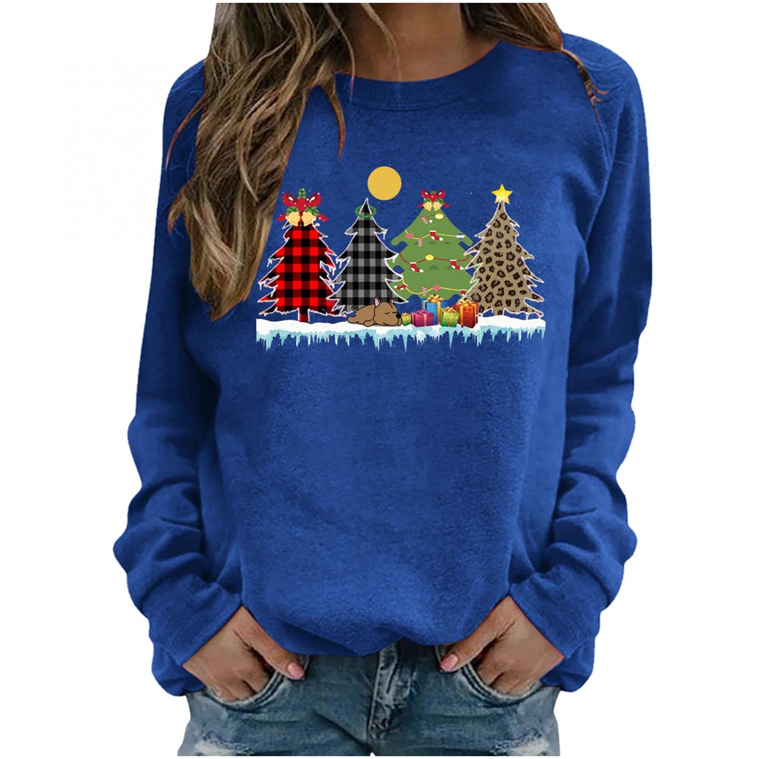 ONHUON Women's Long Sleeve Tops - Loose Fit Christmas Graphic Crewneck Sweatshirt | Funny Xmas Pullover Sweater & Casual Tunic Tee | Blue Holiday Blouse for Christmas Parties, Gift Exchange & Winter Outfits