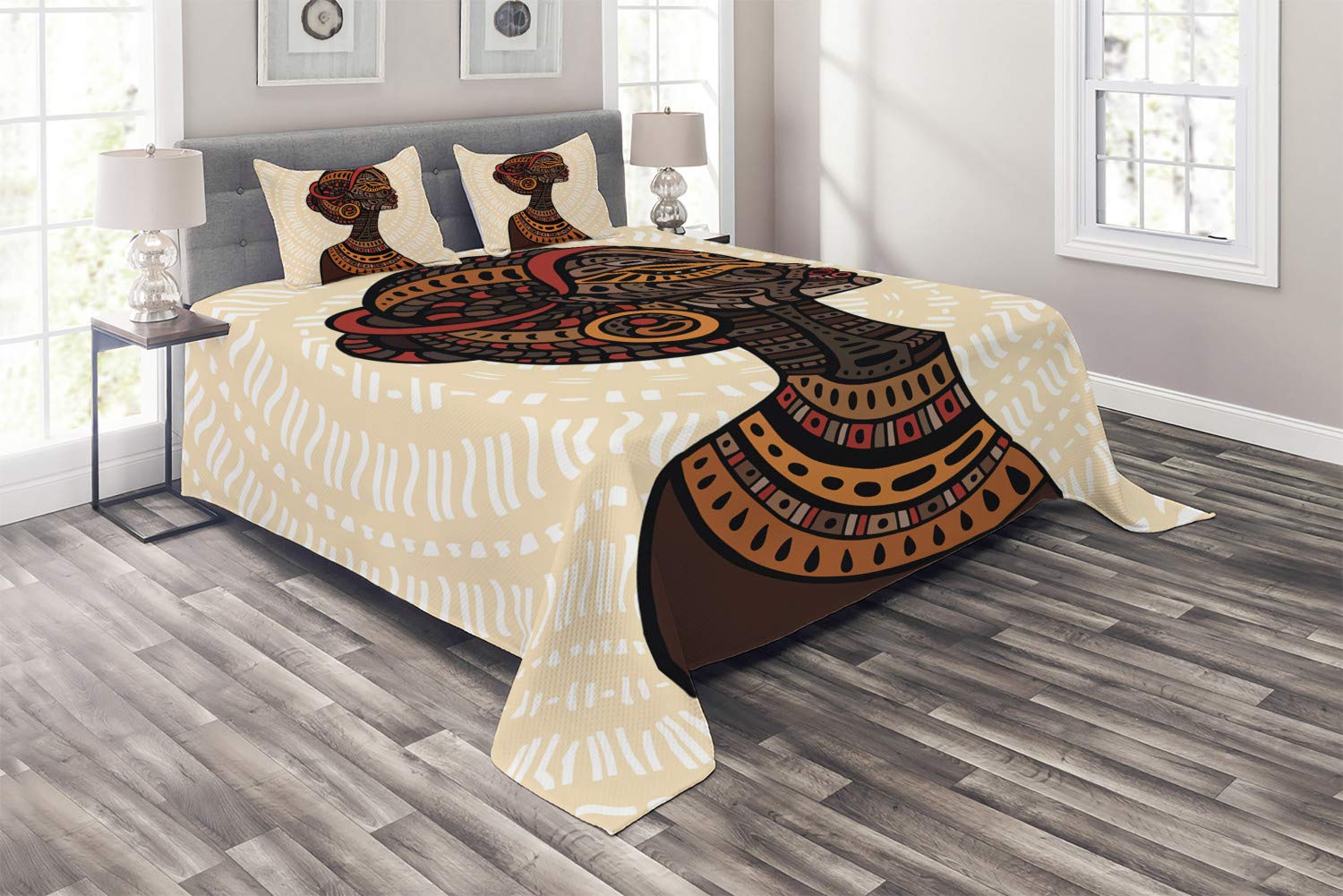 Ambesonne African Quilt Set - Hand Drawn Folk Art Portrait Bedspread with 2 Pillow Shams, King Size Multicolor Bedding | Tribal Home Decor for Master Bedroom & Guest Room