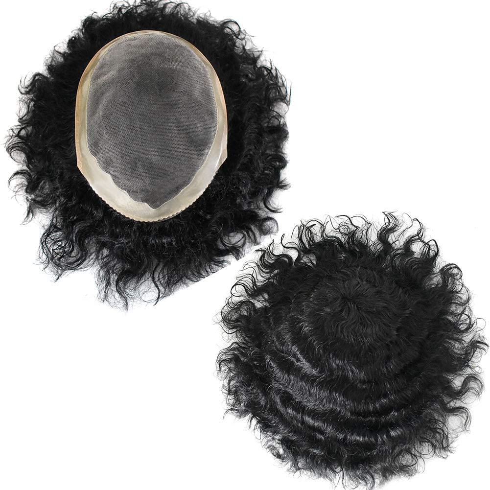 Men's Black Human Hair Toupee - Curly Wavy Monofilament Hairpiece with Poly Skin NPU Base | 20MM Wave 6