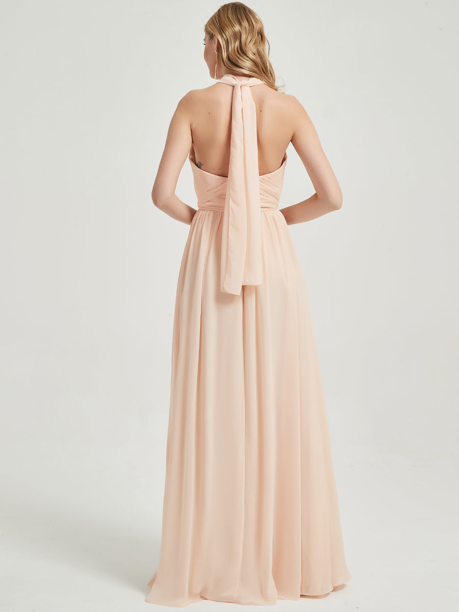 Elegant Convertible Halter Off-Shoulder Chiffon Bridesmaid Dress Maxi - Perfect for Weddings, Prom, and Formal Events