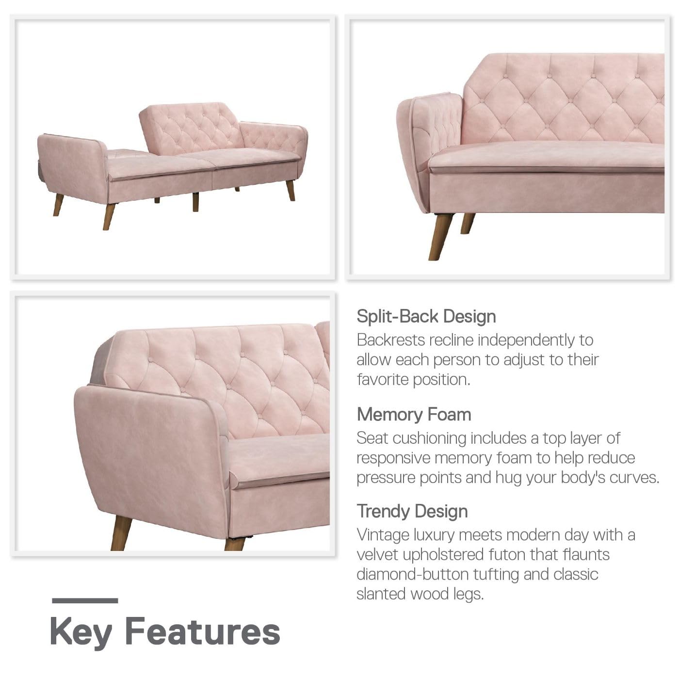Novogratz Tallulah Convertible Memory Foam Futon Couch - Pink Velvet Sofa Bed for Small Spaces, Guest Room & Dorm | Comfortable Sleeper for Living Room, Apartment & Studio