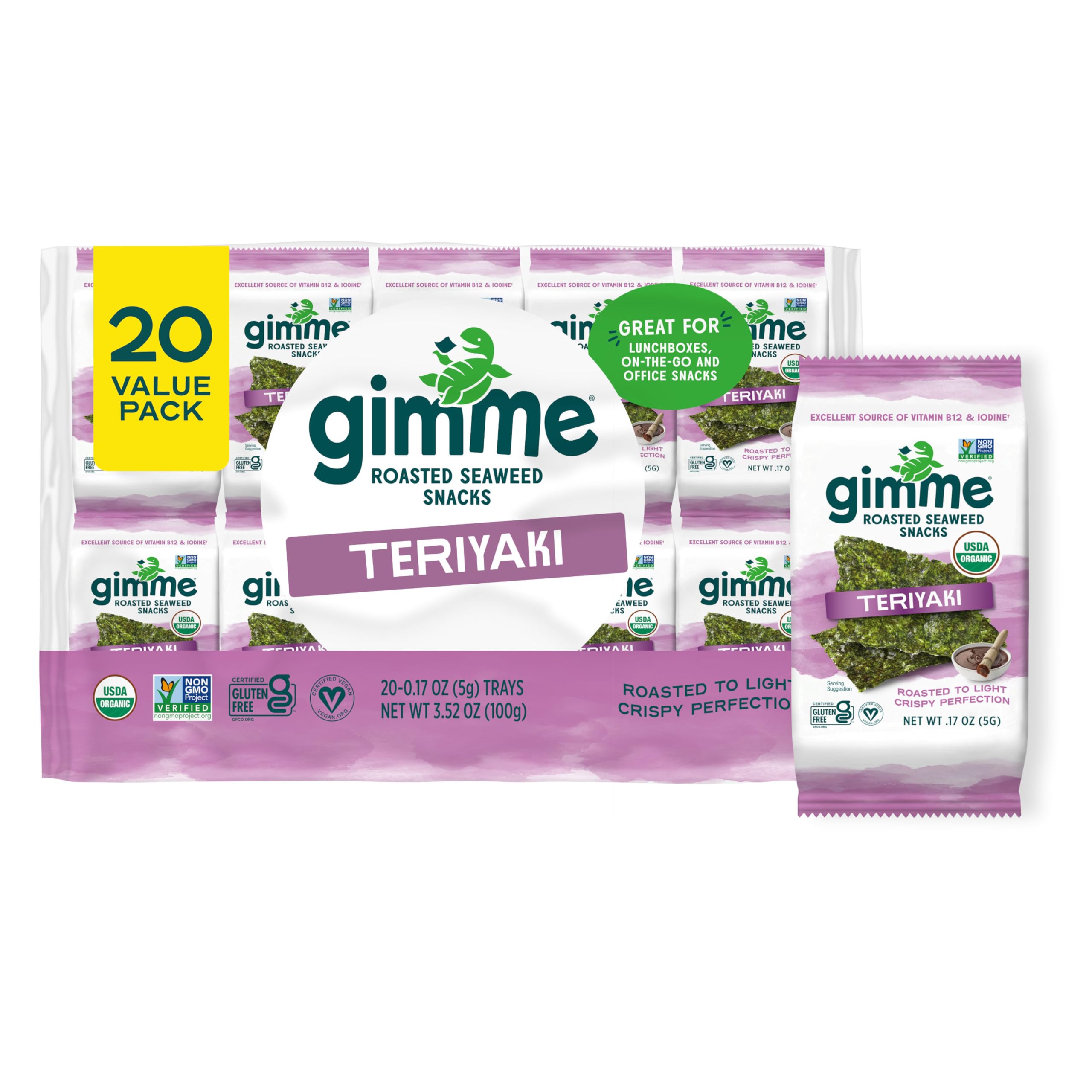 Gimme Seaweed Organic Premium Roasted Seaweed Snacks - Teriyaki Flavor, 20 Count | Keto, Vegan, Gluten-Free | Rich in Omega-3 & Iodine | Healthy On-The-Go Snack for Kids & Adults | Perfect for Lunchboxes, Office Snacking & Travel