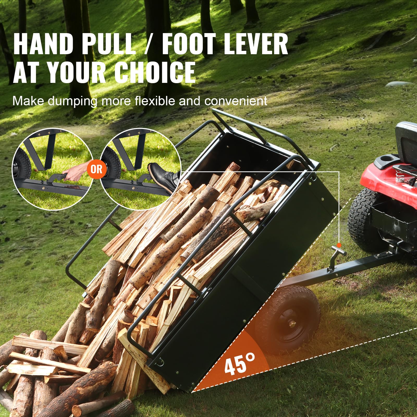 VEVOR Heavy Duty ATV Trailer - 750 lb Capacity Steel Dump Cart with Removable Sides, 15 Cubic Feet Utility Garden Trailer for Lawn Mower, Tractor, Farm & Landscaping Use