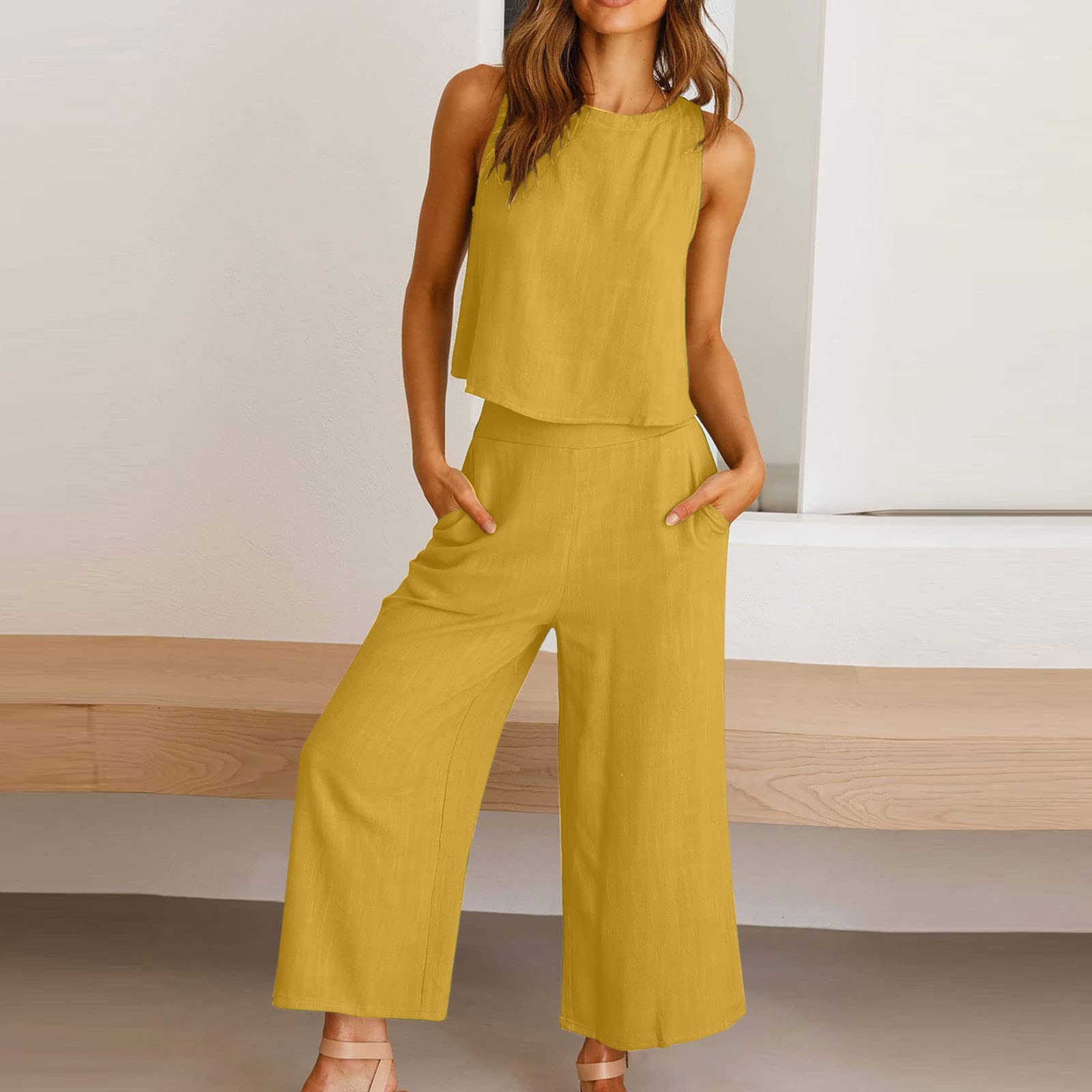 Stylish 2-Piece Linen Outfit Set for Women - Sleeveless Crop Top & Wide Leg Pants | Summer Matching Sets | Beachwear, Vacation Outfits, Casual Chic Ensemble