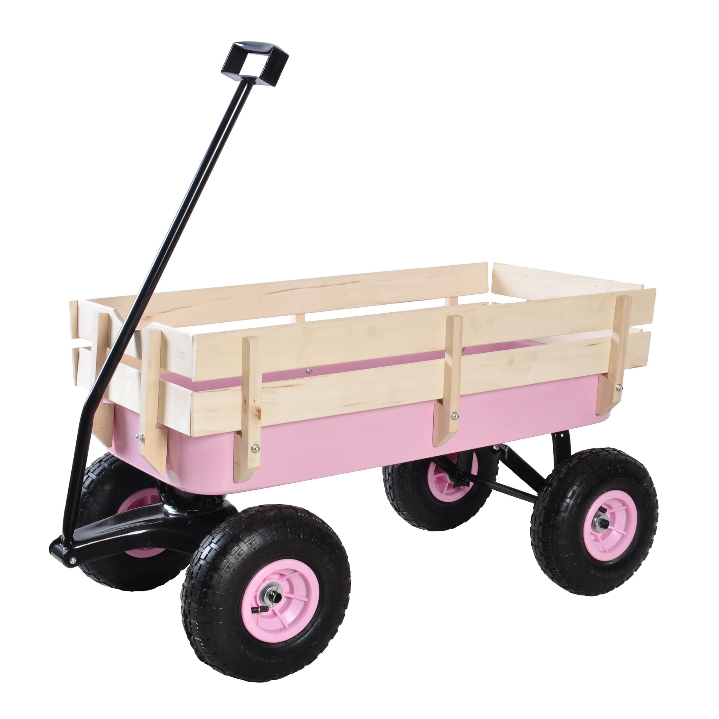 Heavy Duty Steel Wooden Side Support Cargo Wagon with 10” All-Terrain Air Tires - 176lb Capacity Foldable Garden Cart for Kids Toys, Gardening Supplies, Beach Gear & Home Projects (Pink) | Perfect for Outdoor Adventures, Yard Work & Family Fun