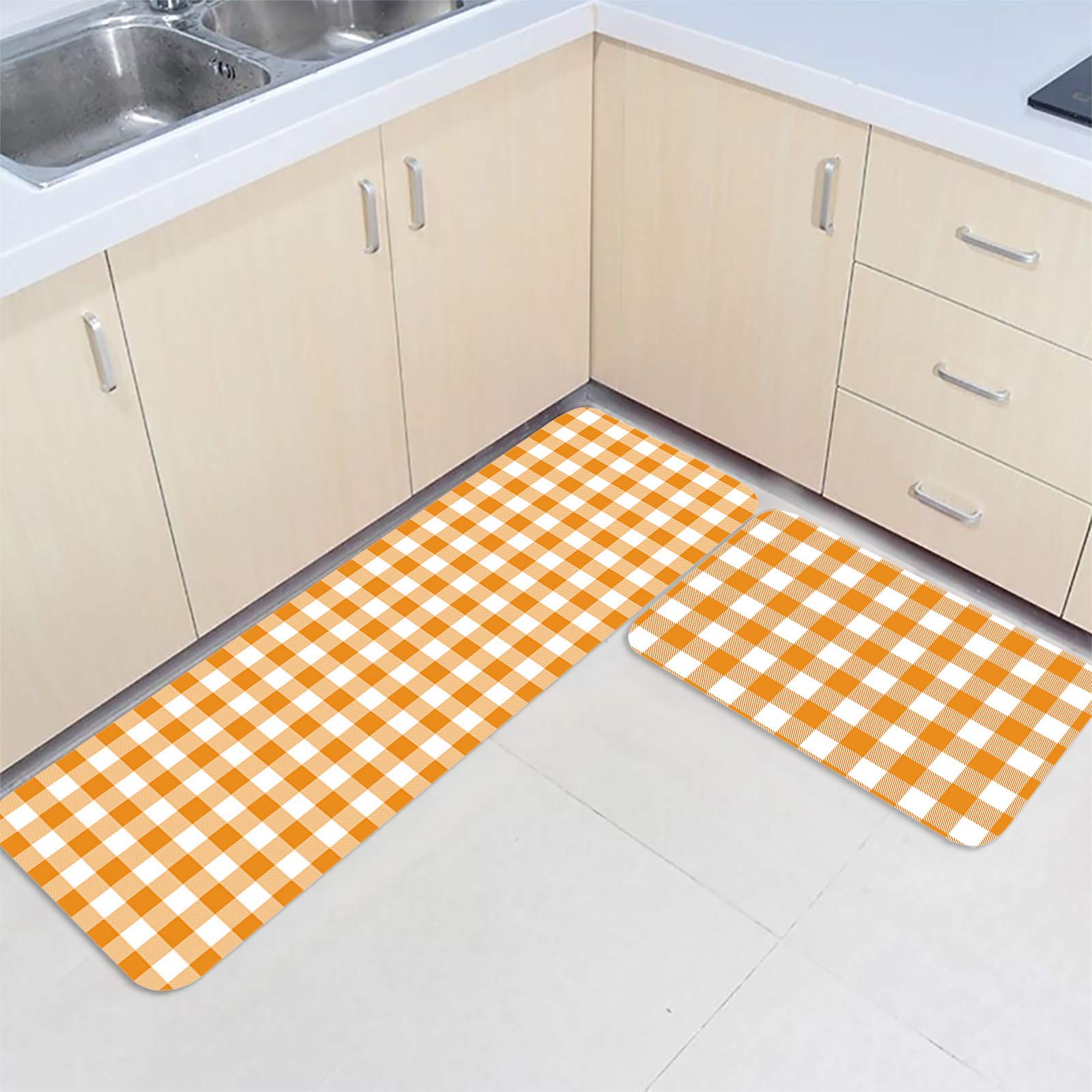 Buffalo Plaid Orange Kitchen Mat Set of 2 - Cushioned Anti-Fatigue Floor Mats, Waterproof & Non-Slip Kitchen Rugs for Farmhouse Style - Perfect for Kitchen, Laundry Room & High-Traffic Areas