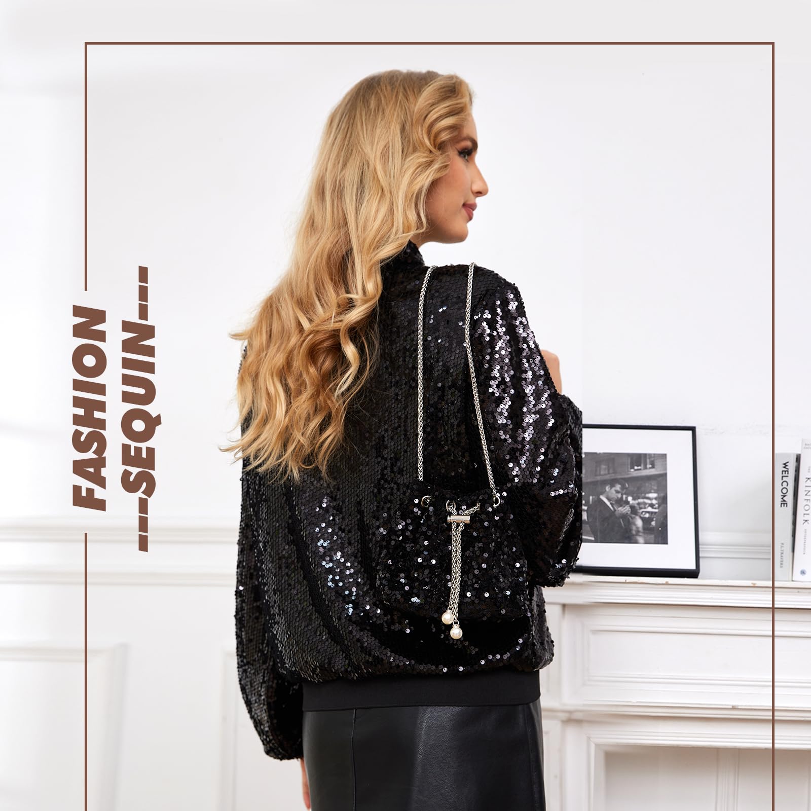 Sparkly Sequin Jacket for Women with Matching Handbag | Long Sleeve Glitter Coat with Front Zipper & Ribbed Cuffs | Perfect for Parties, Night Out & Special Occasions