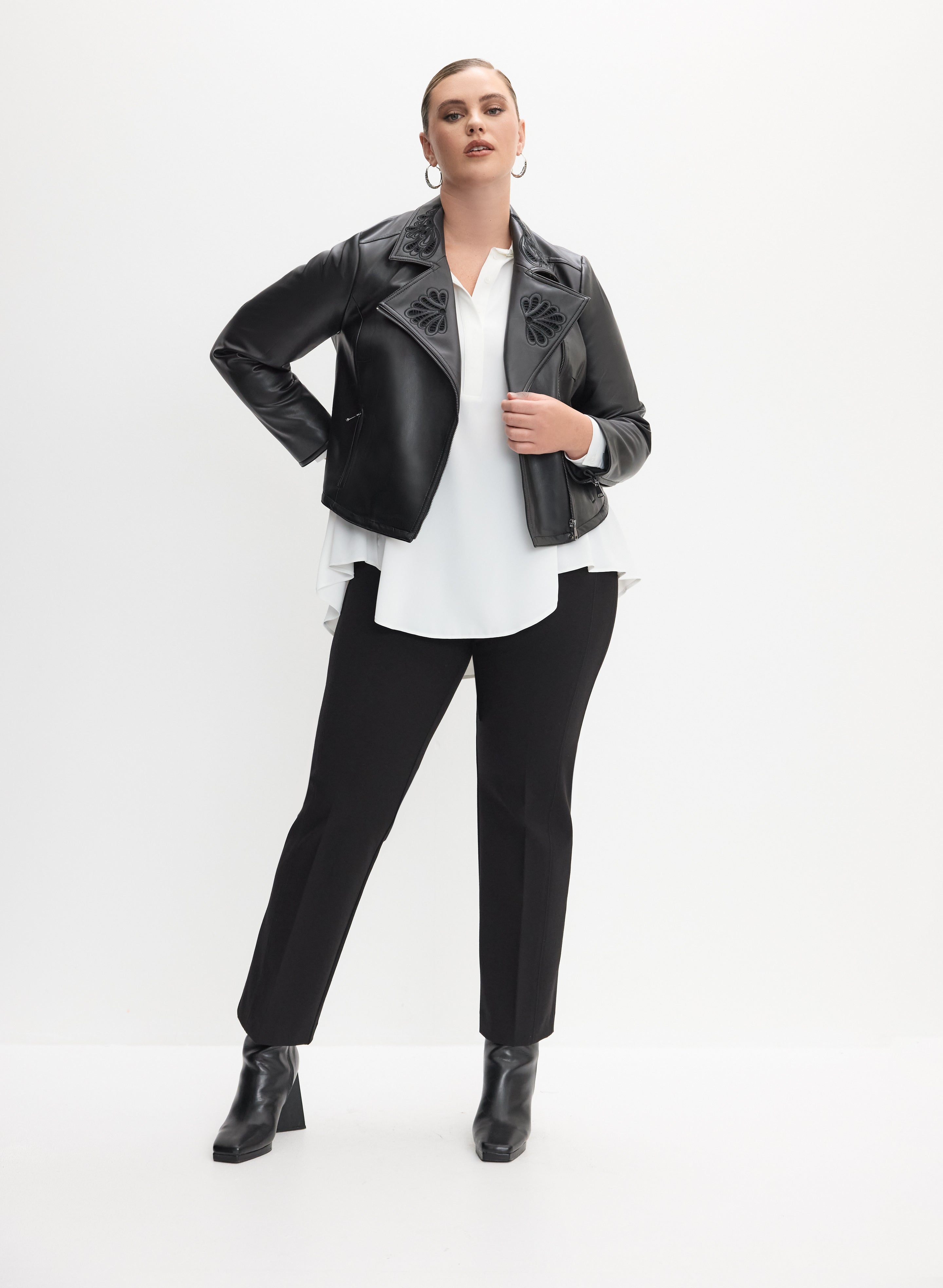 Vegan Leather Jacket with Embroidery & Straight Leg Pull On Pants - Stylish Outfit for Women | Perfect for Casual Wear, Office & Date Nights
