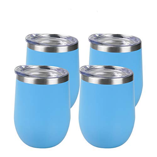 Premium 4-Pack 12 oz Stainless Steel Wine Tumblers with Lids - Double Wall Vacuum Insulated Stemless Travel Cups for Wine, Coffee & Cocktails (Light Blue) - Perfect for Outdoor Picnics, Beach Parties & Camping Trips