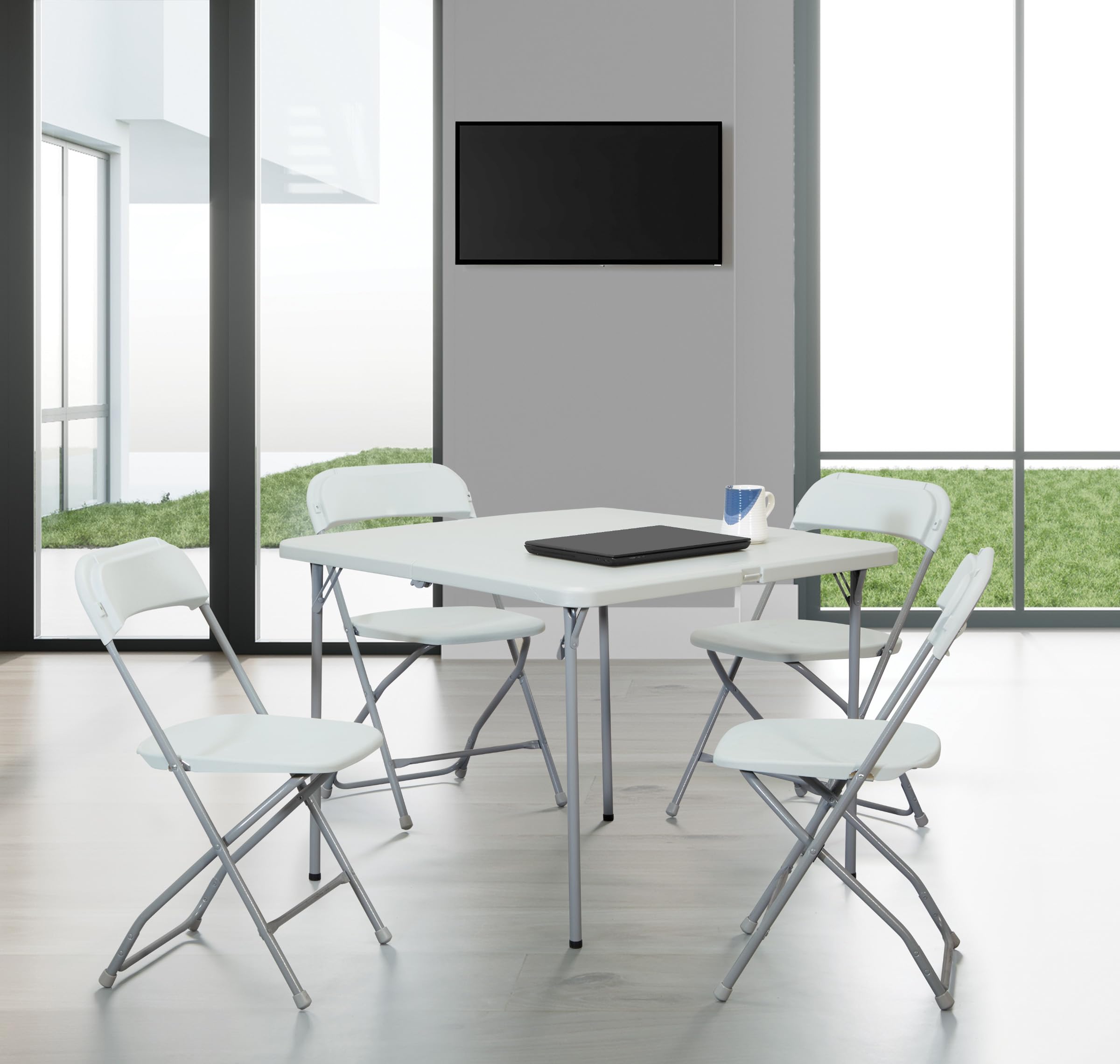 Office Star Resin 5-Piece Folding Square Table and Chair Set in Light Grey - Perfect for Outdoor Patio, Picnics, and Small Space Dining