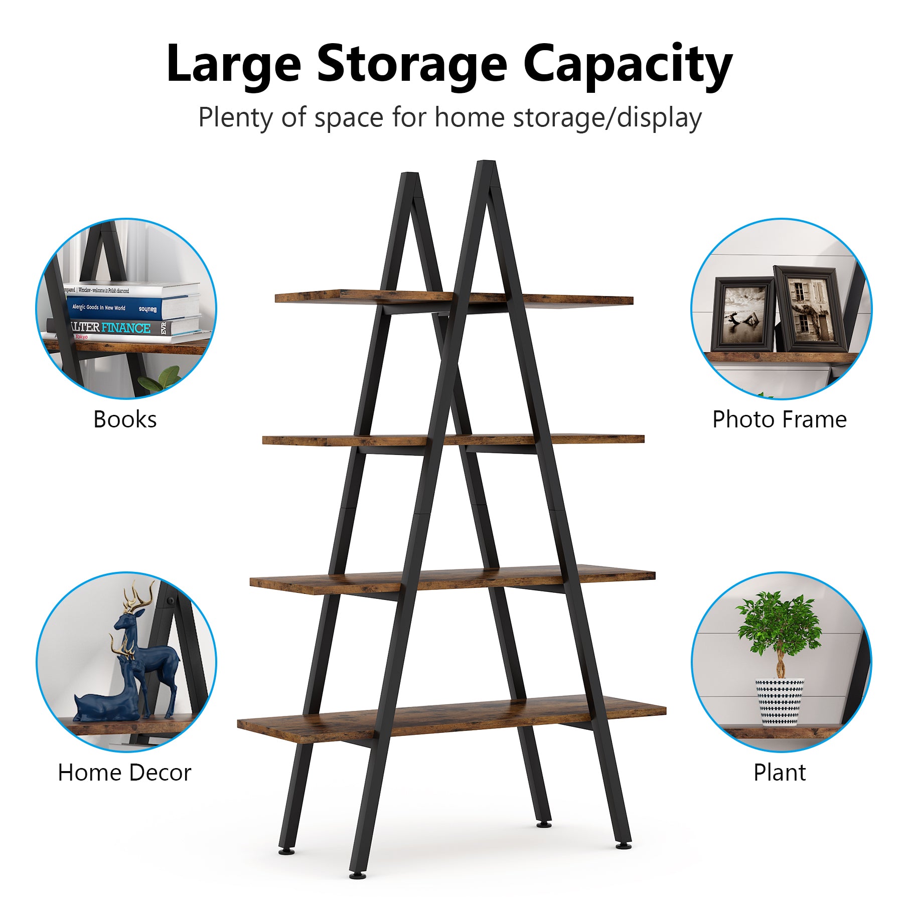 4 Tier A-Shaped Industrial Ladder Bookshelf - Rustic Wooden Bookcase for Home Office, Living Room & Bedroom Storage - Perfect for Displaying Books, Plants & Decorative Items
