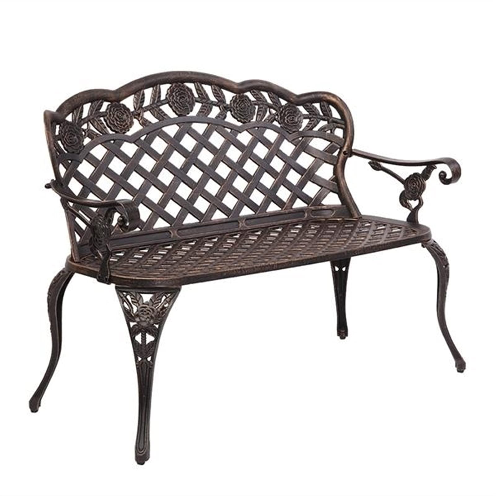 ZSY 42.5 Inch Outdoor Patio Bench - Bronze Aluminum Frame with Mesh Backrest & Rose Trim - Durable Cast Aluminum Leisure Bench for Couples - Perfect for Garden, Backyard, Poolside & Patio Relaxation
