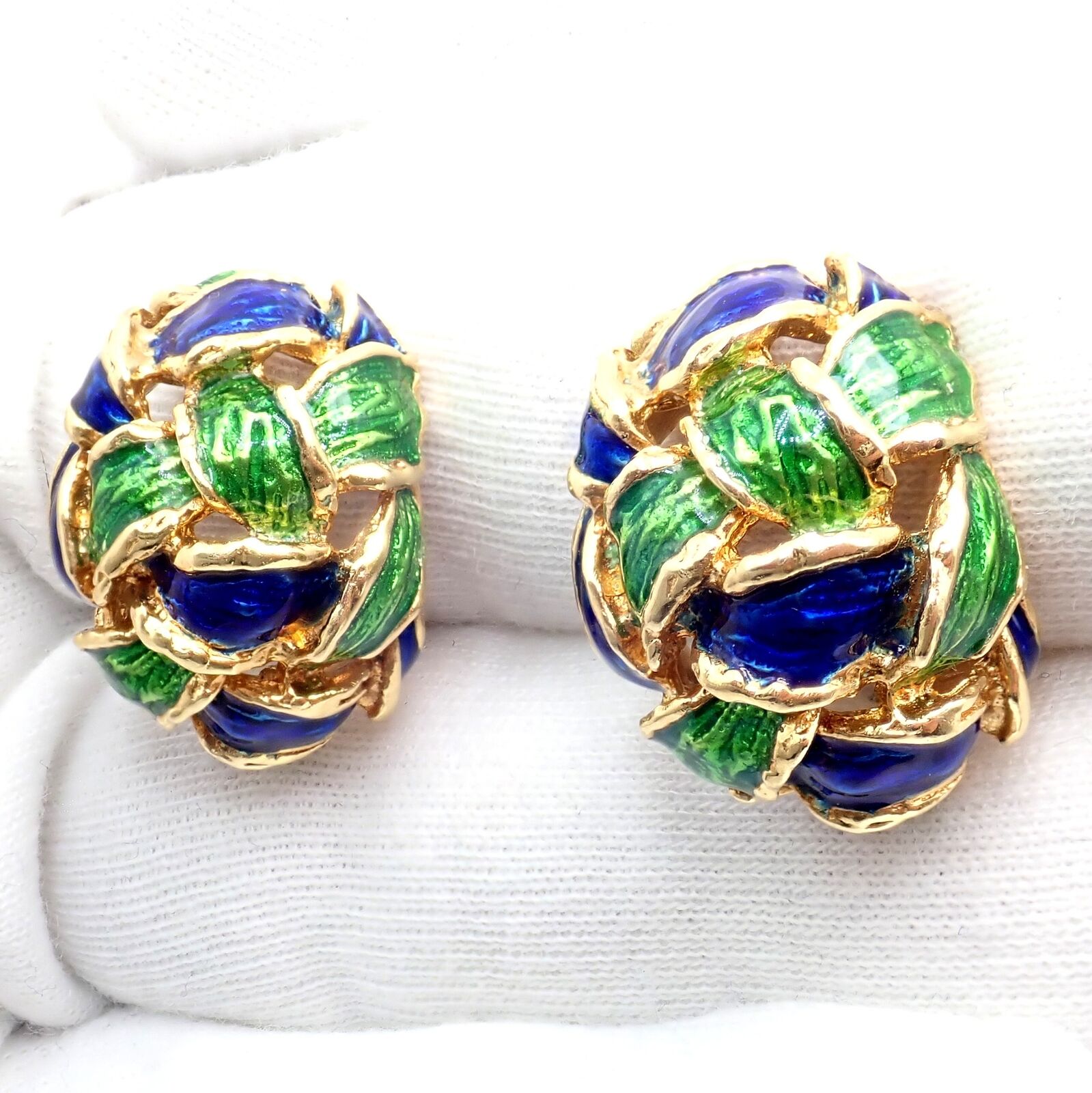 Vintage Tiffany & Co Green Blue Enamel 18k Yellow Gold Basket Weave Earrings - Luxury Jewelry for Women, Perfect for Weddings, Parties & Special Occasions