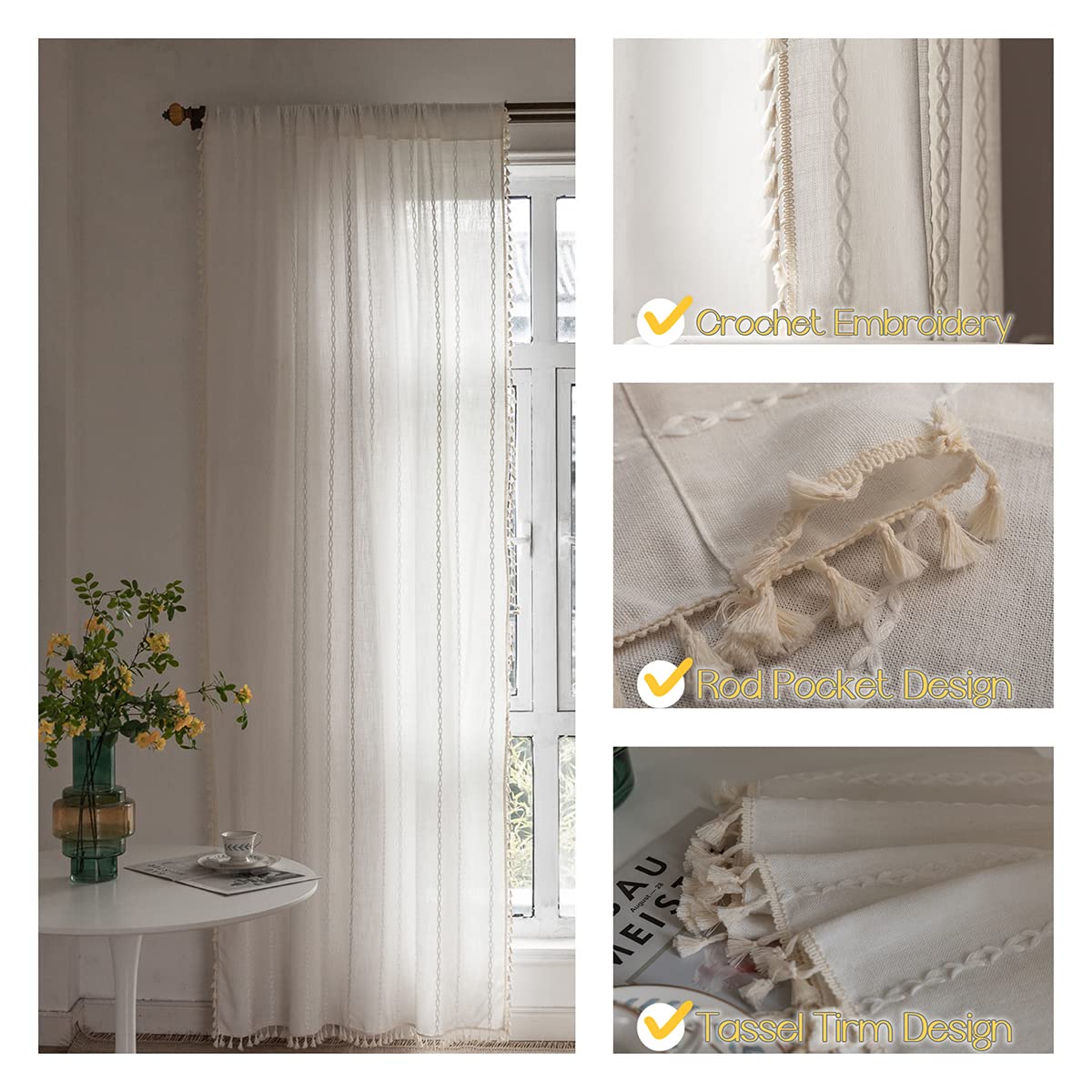 Boho Semi Blackout Window Curtains Set of 2 Panels - 63/84/96 Inch Length, Farmhouse Style with Tassels & Striped Embroidery, Rustic Cotton Linen Blend for Living Room & Bedroom | Perfect for Sun Protection, Privacy & Bohemian Home Decor