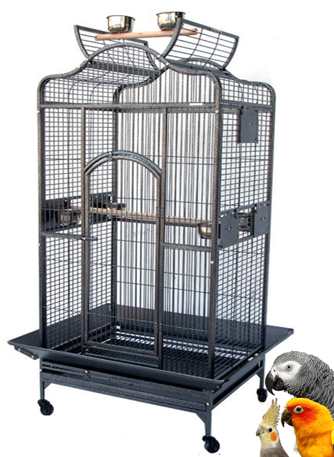 Extra Large Elegant Wrought Iron Open/Close Dome Top Perch Stand for Birds - Parrot Finch Macaw Cockatoo Rolling Cage (BlackVein, 35.5
