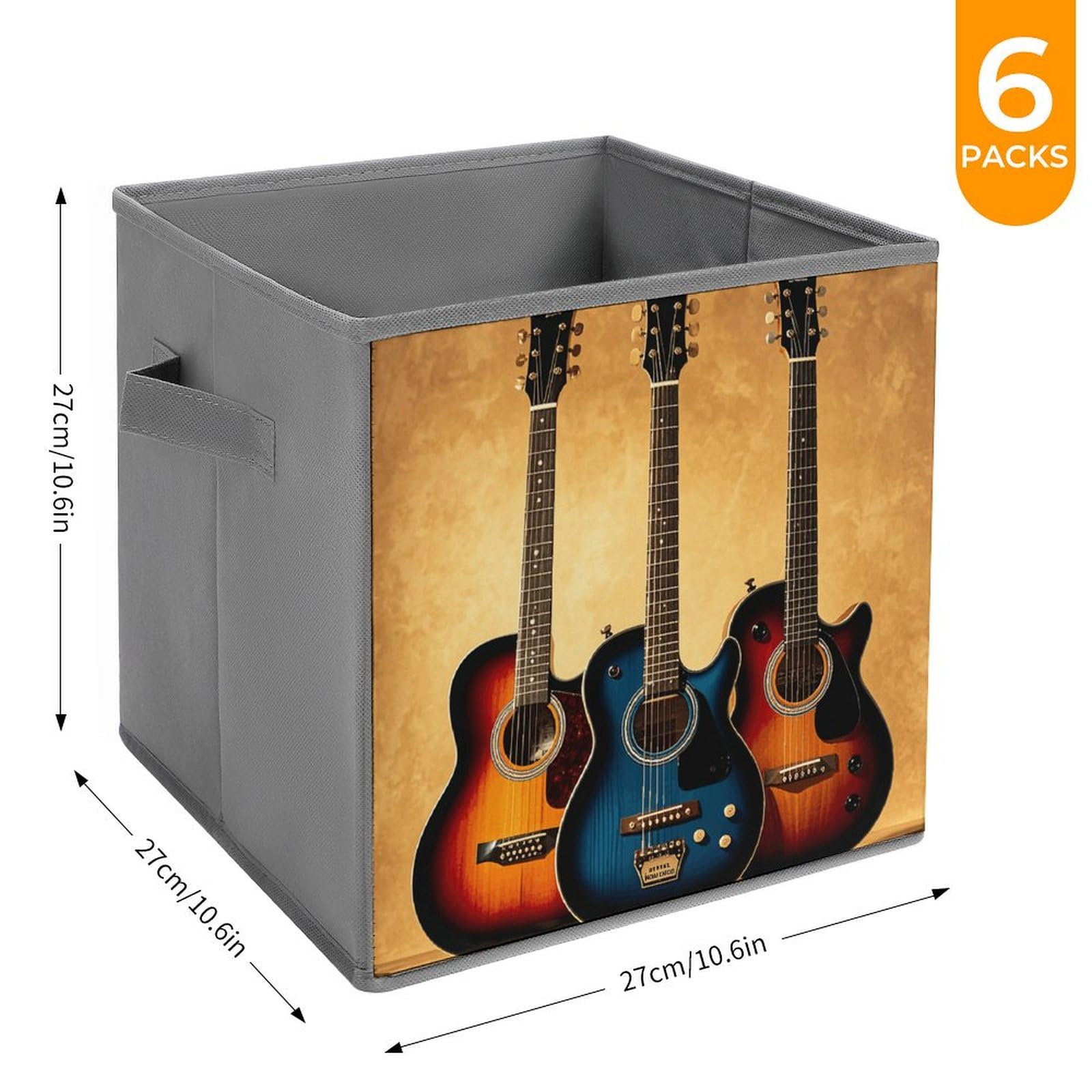 6-Piece Collapsible Storage Bins with Handles - Printed Guitar Design Multi-Purpose Organizer for Shelves, Closet, Bathroom & Home Organization - Foldable Storage Boxes for Easy Space Saving