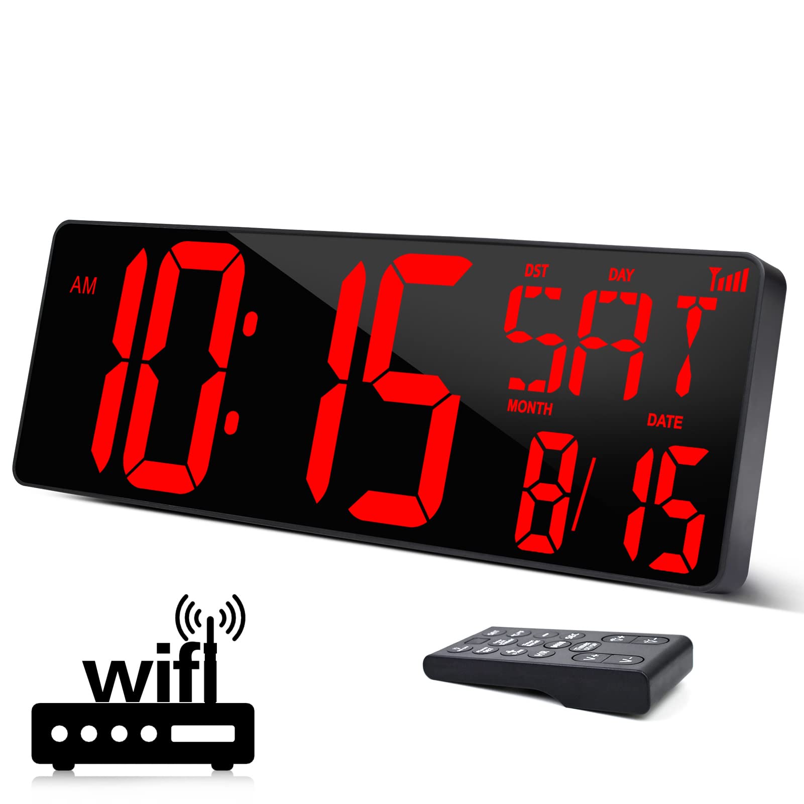 XREXS 16.5 Inch Large Digital Wall Clock with WiFi Sync - Big LED Display Shows Time, Temperature, Date & Week - Remote Control Alarm Clock with Auto-Dimming for Home, Office, Classroom and Bedroom