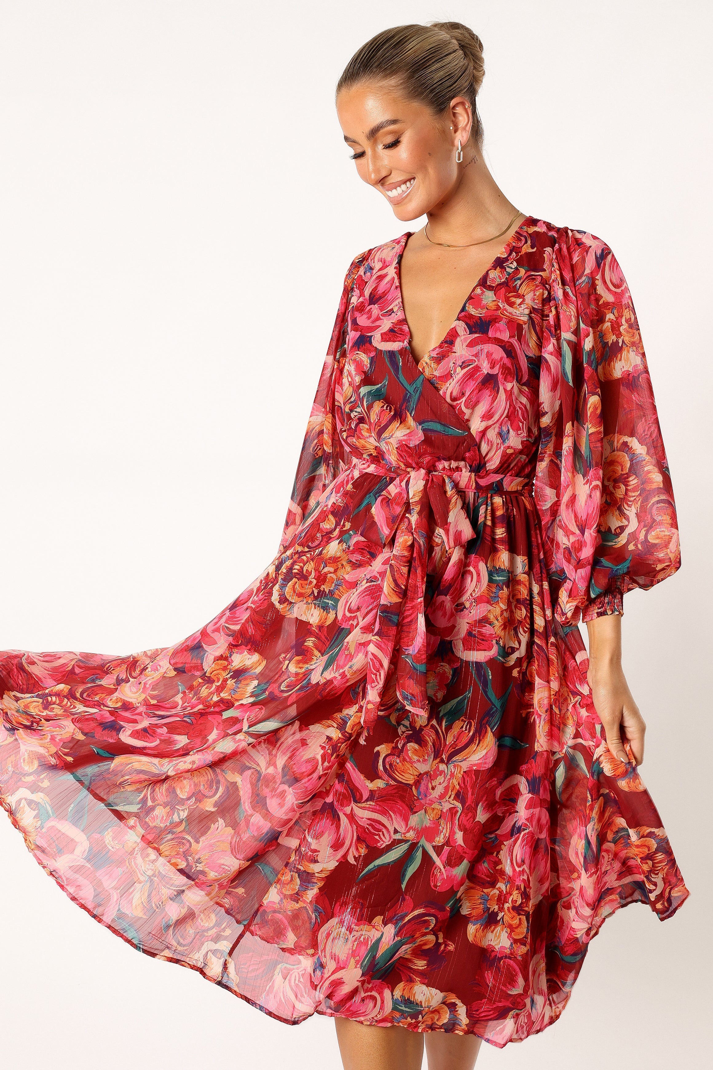 Goldie Long Sleeve Midi Dress - Red Floral Print Women's Casual Dress for Spring/Summer, Perfect for Office, Date Night & Special Occasions