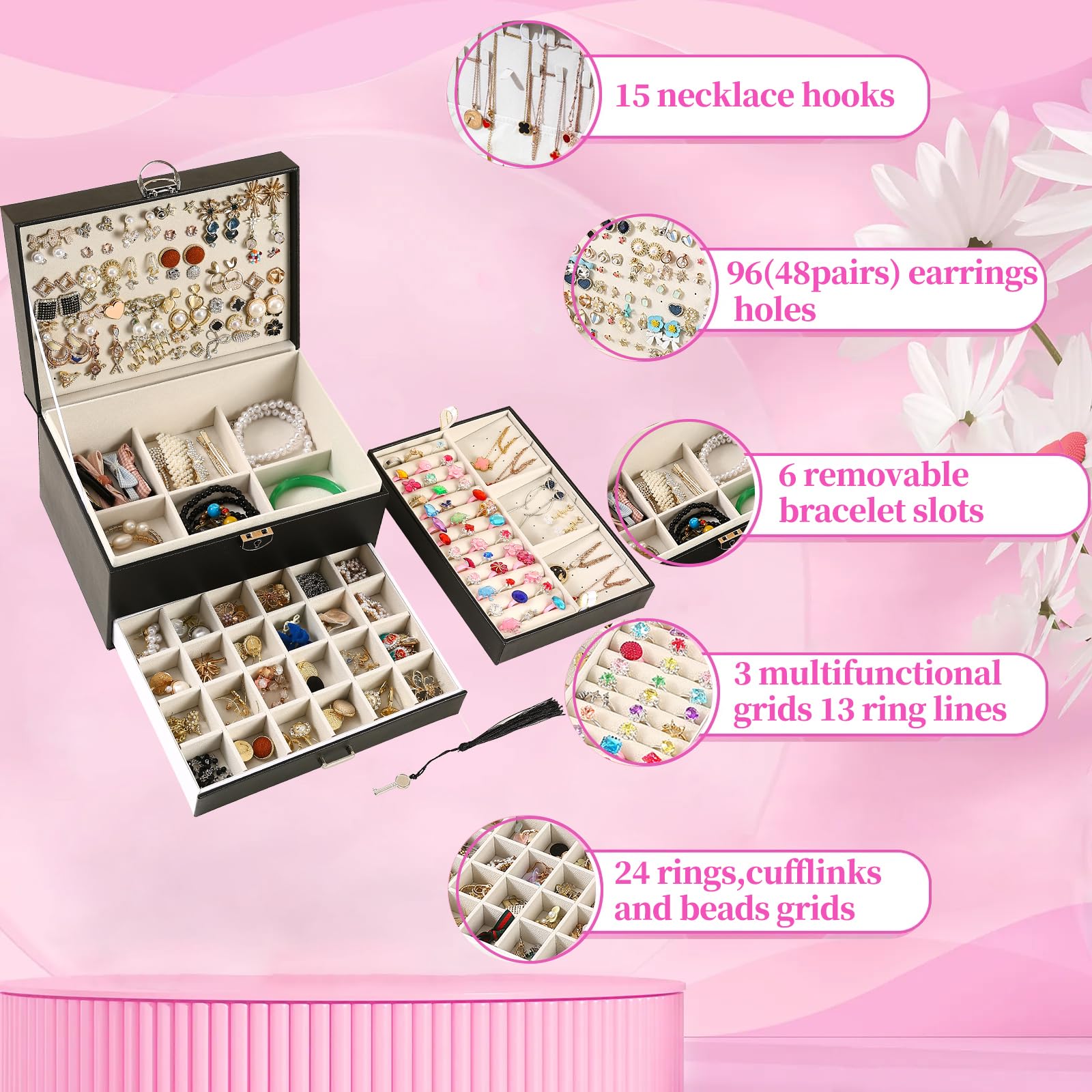 5-Layer Jewelry Organizer Box for Women - Large Jewelry Storage Holder for Necklaces, Bracelets, Earrings & Rings - Perfect for Bedroom Vanity, Travel & Gift Giving (Black)