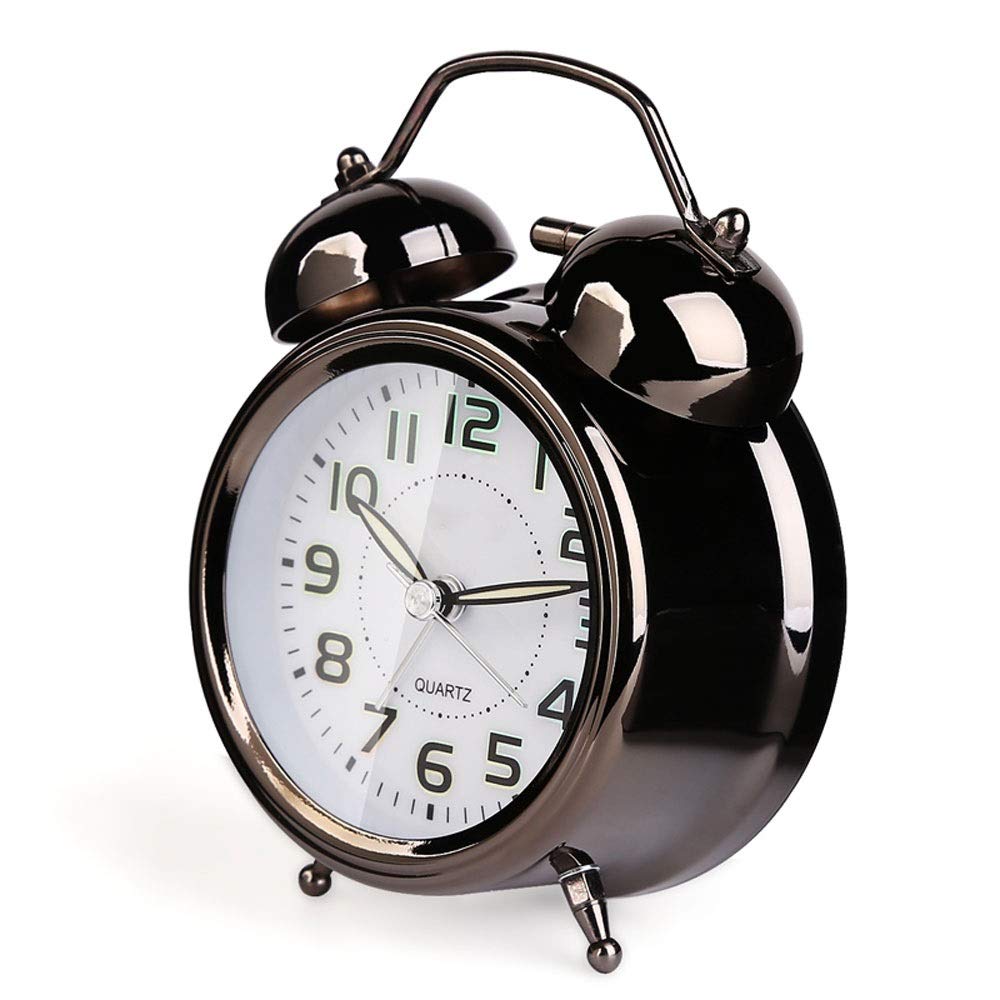 Vintage Twin Bell Alarm Clock with Nightlight - 4 Inch Silent Bedside Desk Clock for Students & Adults - Loud Alarm, Simple Design (Black) - Perfect for Bedrooms, Dorm Rooms & Home Offices