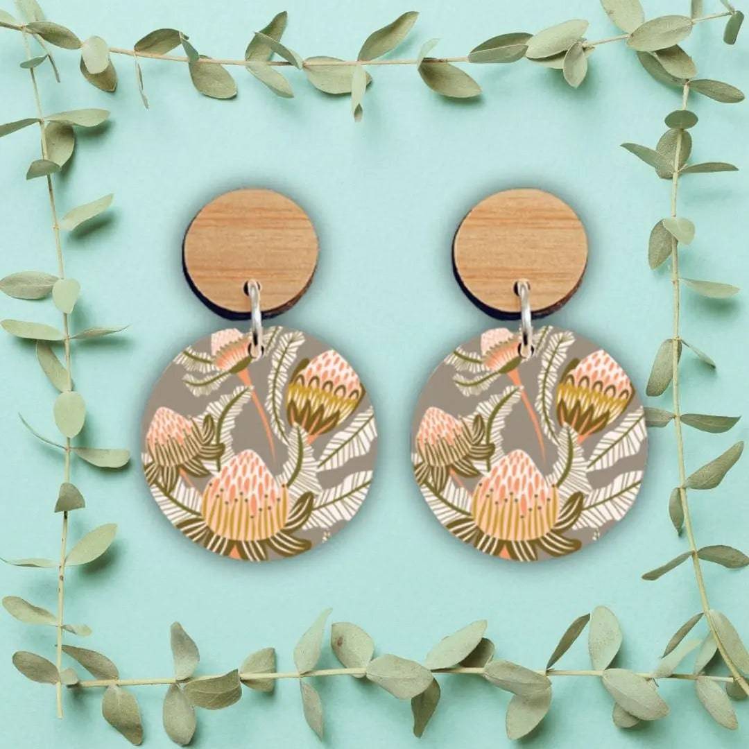 Stylish Bush Toned Banksias Wooden Earrings for Women - Handmade Boho Nature-Inspired Jewelry - Perfect for Casual Wear, Festivals & Outdoor Adventures