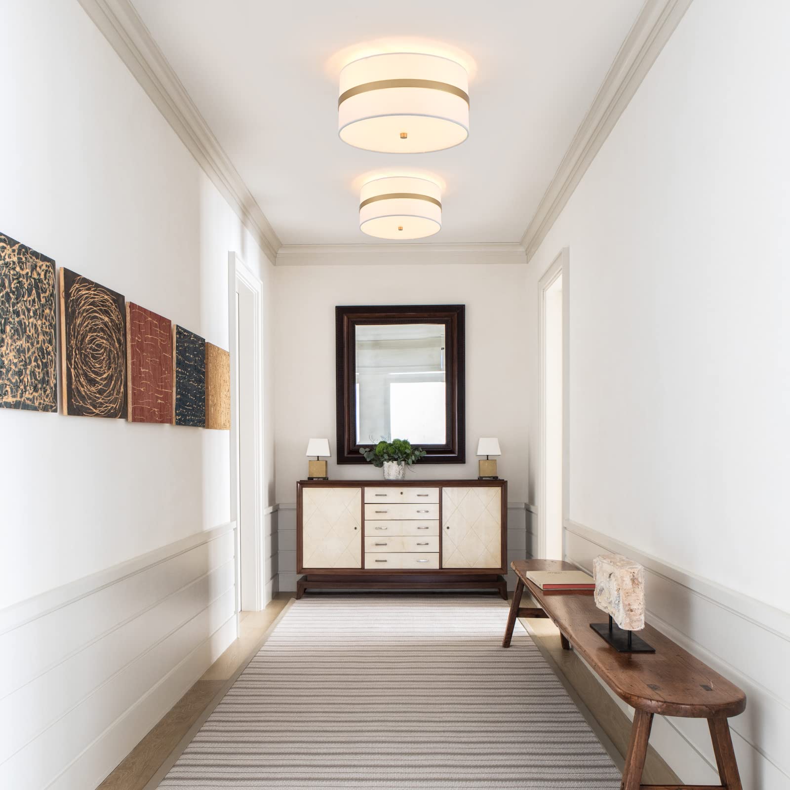 Modern Semi Flush Mount Ceiling Light Fixture - 3-Light Thin Pale Gold Brushed Finish with Cream White Fabric Drum Shade | Perfect for Nursery, Kids Room, Bedroom, Kitchen, Hallway & Entryway Lighting