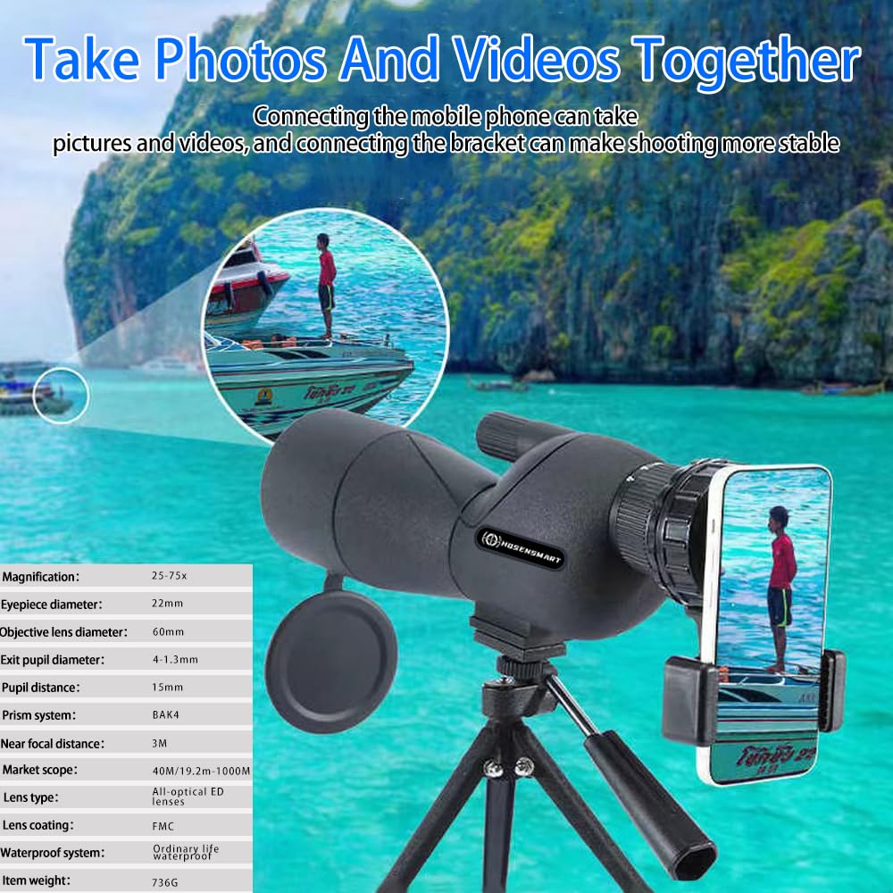 25-75x60 High Power Monocular Telescope with BAK4 Prism & Waterproof Design - Perfect for Bird Watching, Wildlife Observation, Hiking & Outdoor Adventures - Includes Tripod & Phone Adapter for Photography