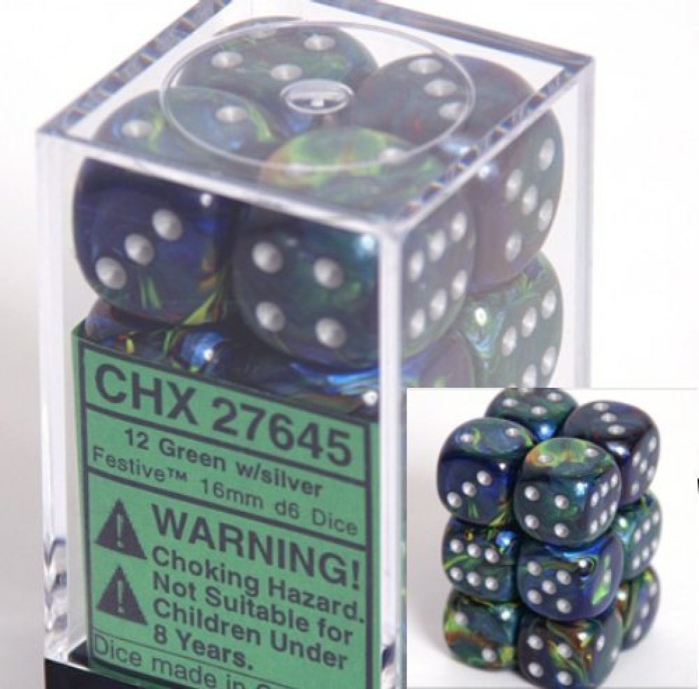 Festive Green with Silver Chessex D6 Dice Set - 16mm Six-Sided Gaming Dice (12-Piece Block) for D&D, RPGs, and Board Games
