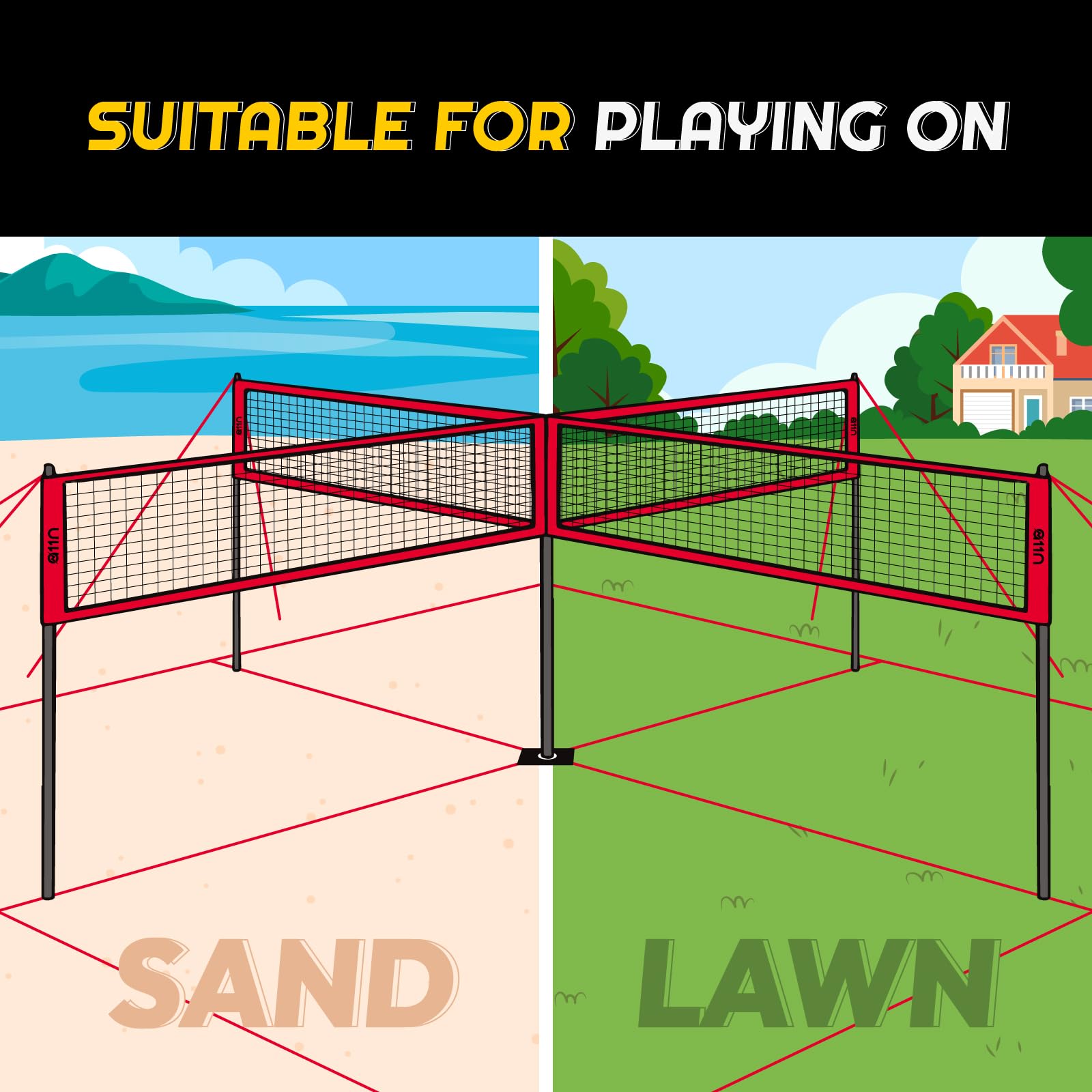 A11N 4-Way Volleyball and Badminton Net Set - Adjustable Height for Backyard, Beach, Park & Outdoor Sports - Perfect for Adults & Kids (Red & Yellow) - Great for Family Gatherings, Picnics, and Summer Games