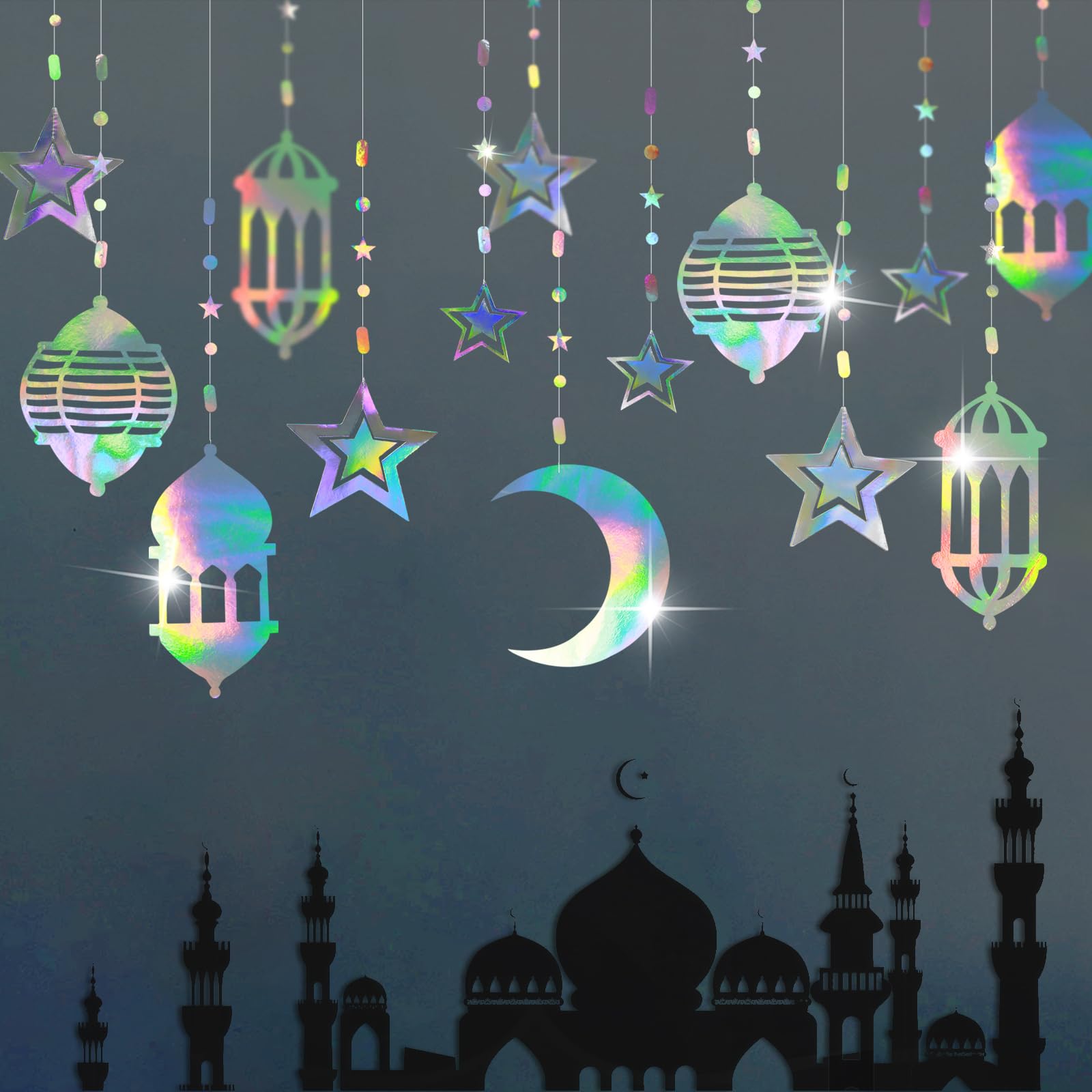 Cheerland Ramadan Garland - Iridescent Eid Party Decorations, Islamic Hanging Decor with Holographic Star Lanterns & Streamers (Pack of 16) - Perfect for Home, Mosque & Eid Mubarak Celebrations