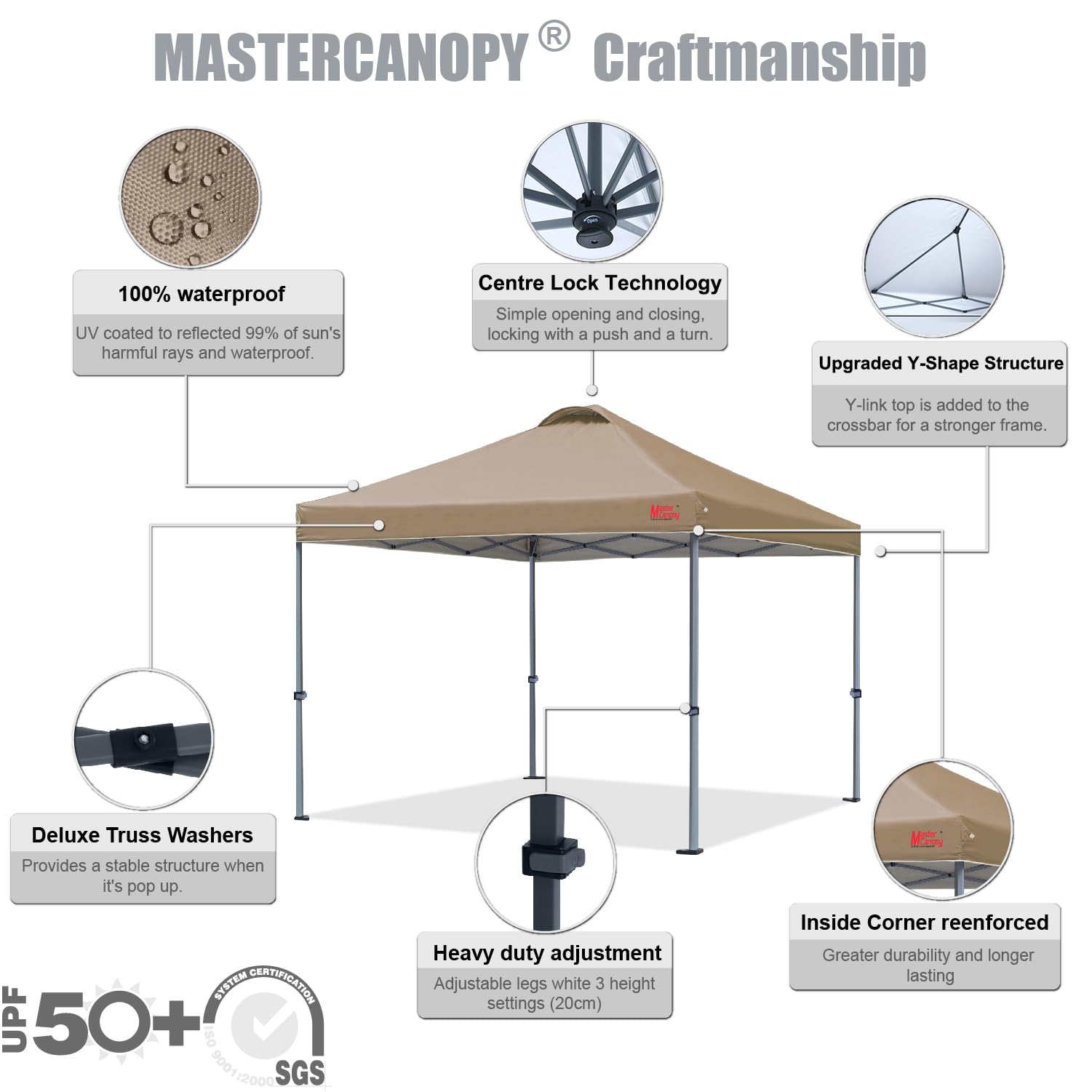 MASTERCANOPY 12x12 Durable Pop-up Canopy Tent with Roller Bag - Khaki Color, Instant Shelter for Outdoor Events, Camping, Picnics & Beach Parties