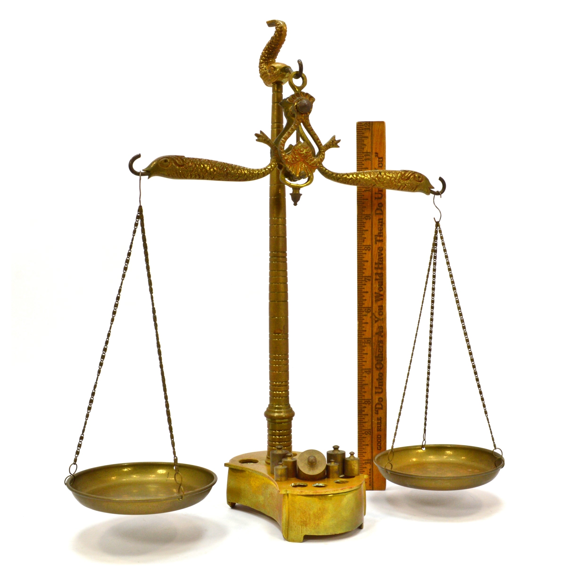 Vintage Antique Brass Apothecary Scale with Weights - LibraSco Fish & Dolphin Design | Perfect for Pharmacy Decor, Vintage Collectibles & Home Office Display