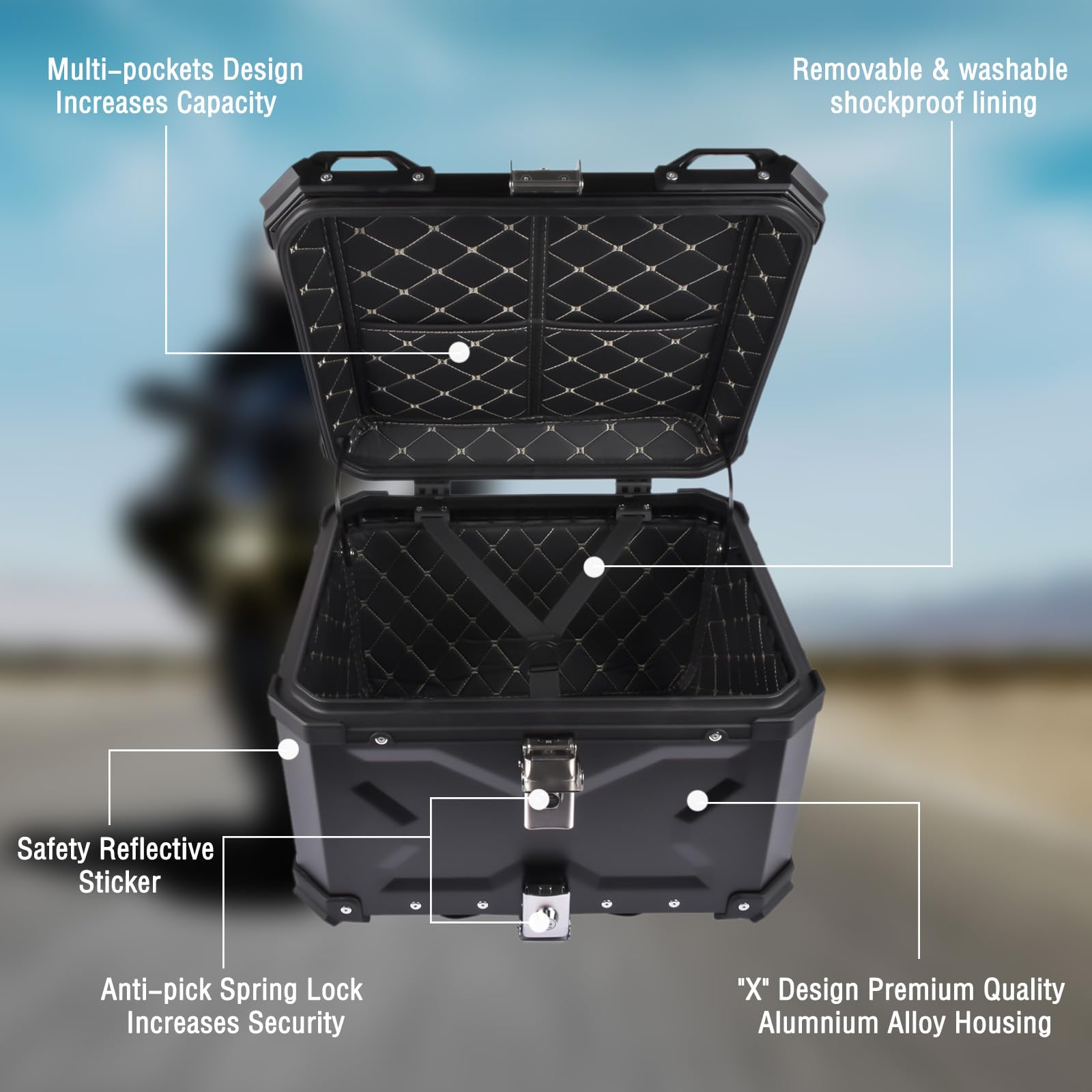 55L Universal Waterproof Motorcycle Top Case - Aluminum Rear Trunk Tour Tail Box with Security Lock for Helmet & Luggage Storage | Perfect for Long-Distance Rides & Daily Commuting (Black)