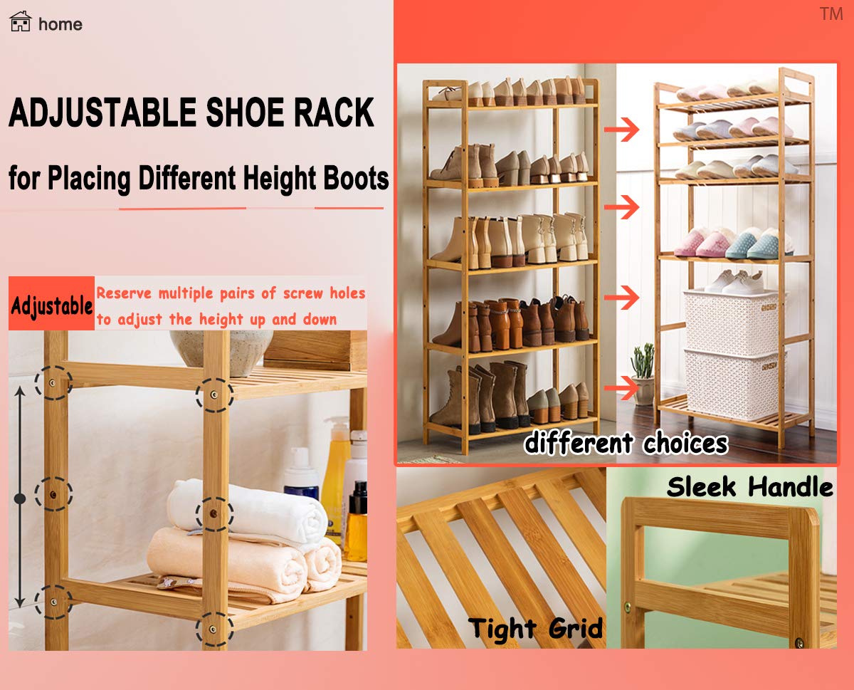 5 Tier Shoe Rack Organizer - Adjustable Wooden Boot Shelf for Women & Men - Bamboo Entryway Shoe Storage (Holds 16-20 Pairs) - Easy Assembly DIY Shoe Organizer for Closet, Bedroom & Hallway
