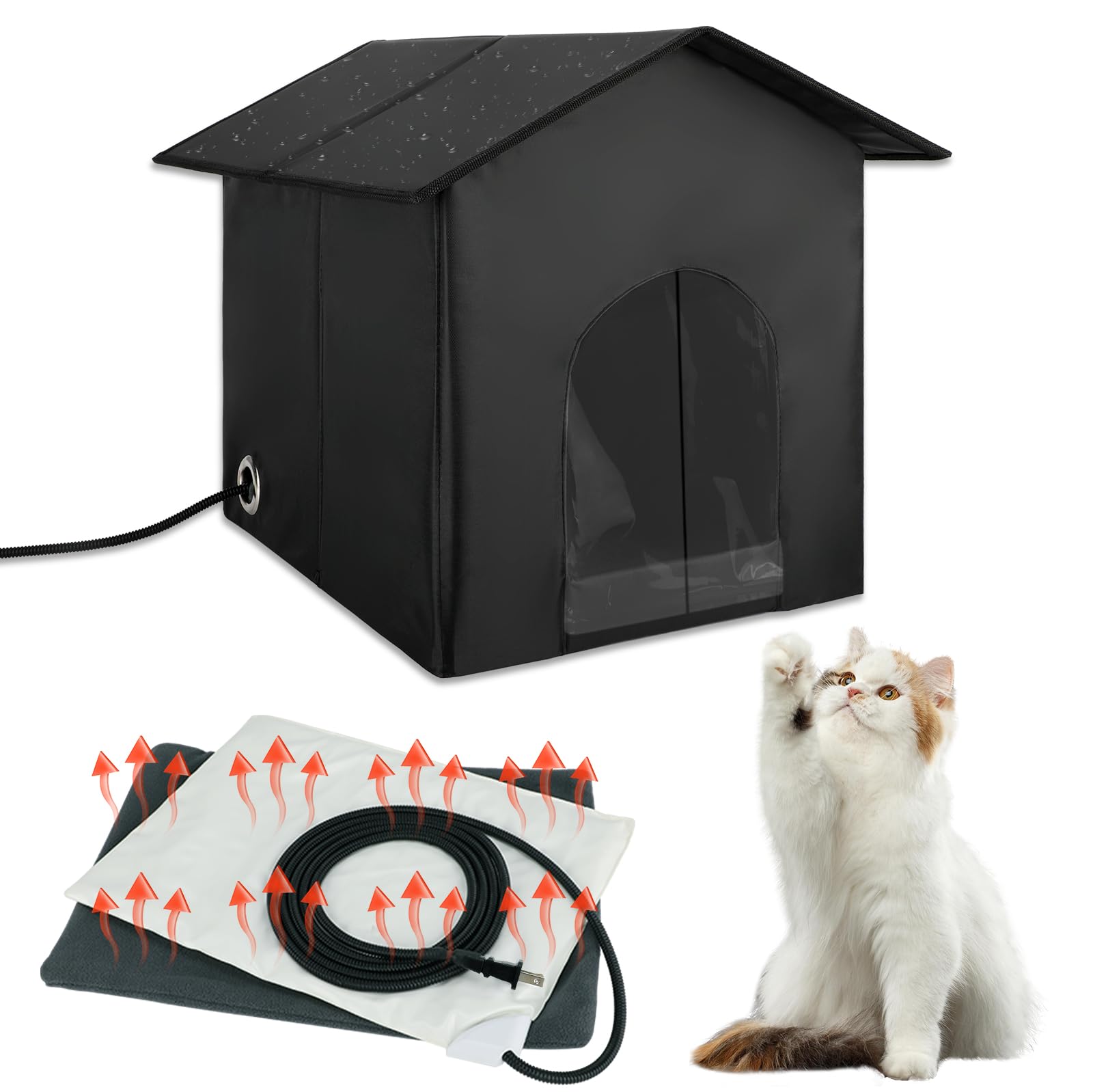 Heated Outdoor Cat House with Double Door - Weatherproof & Foldable Heated Shelter for Feral Cats, Barn Cats, Kittens & Puppies - Includes Heating Pad Bed & Instructions - Perfect for Winter Protection & Outdoor Pet Safety