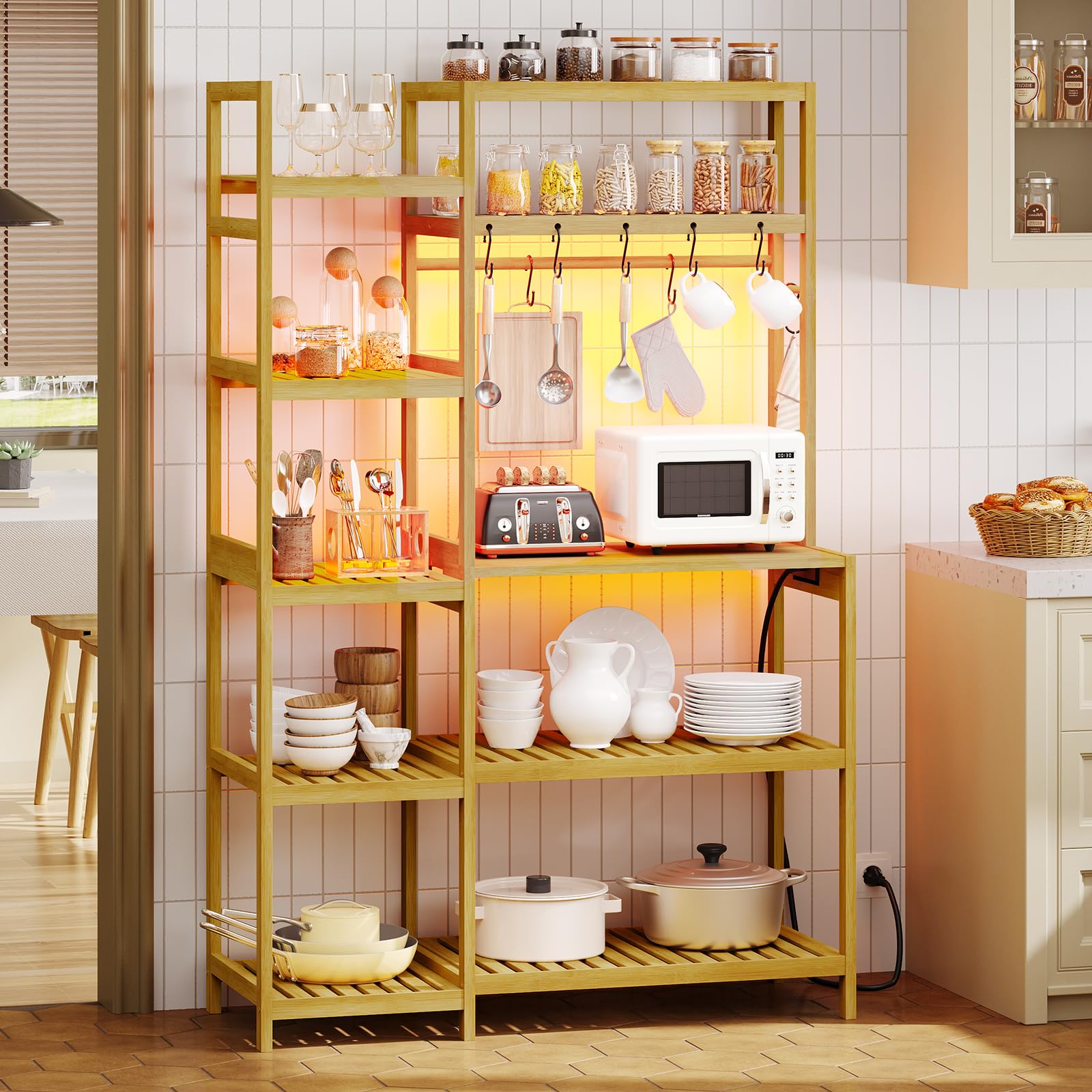 Multi-Functional Bakers Rack with Power Outlet & Coffee Bar - 10-Tier Kitchen Storage Shelf with 8 Hooks - Freestanding Microwave Stand & Utility Organizer - 15.7