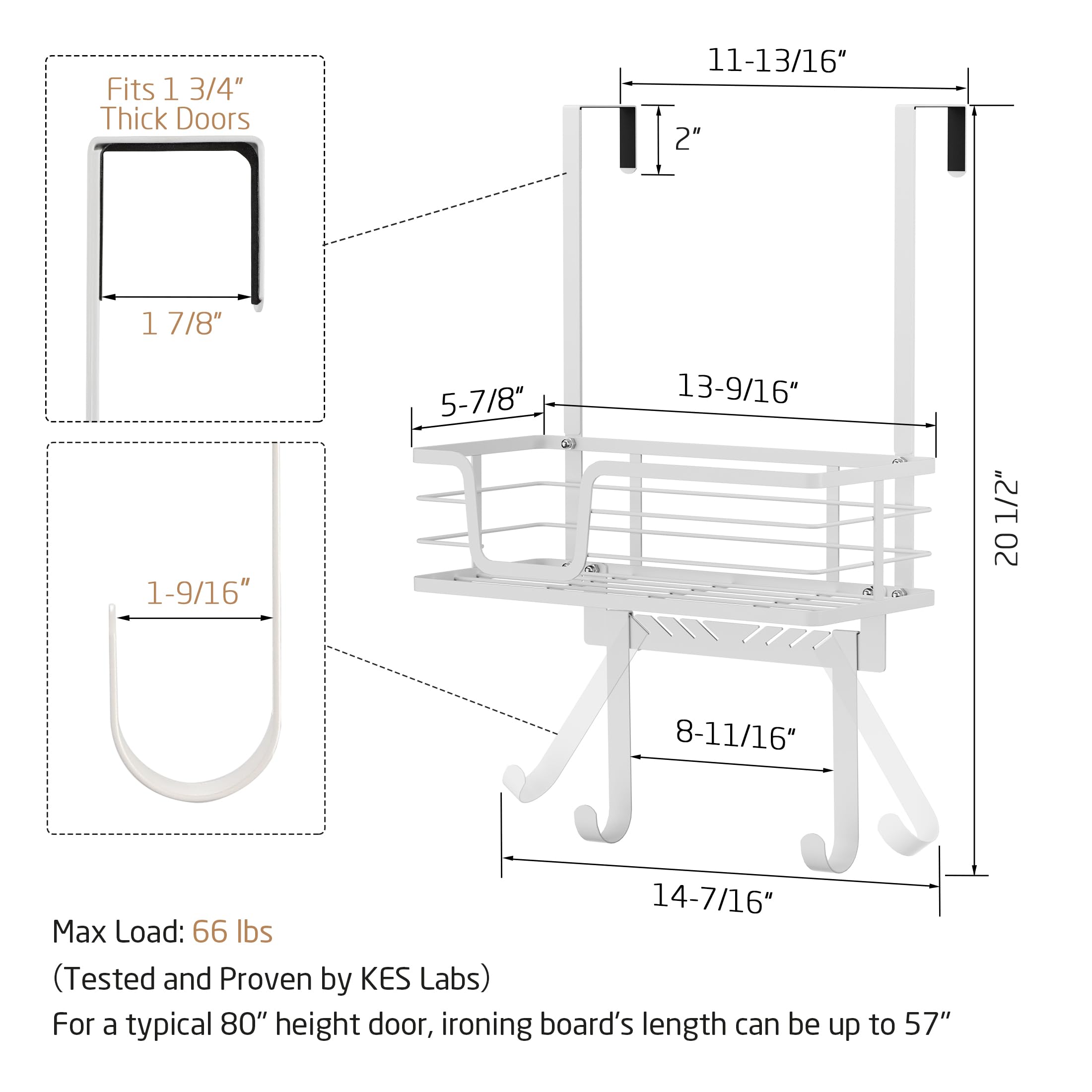 KES Over The Door Ironing Board Hanger - White Y & T Shaped Iron Board Holder with Storage Shelf for 1 3/4 Inch Doors (HIR501B-WH) - Space Saving Laundry Room & Closet Organization Solution