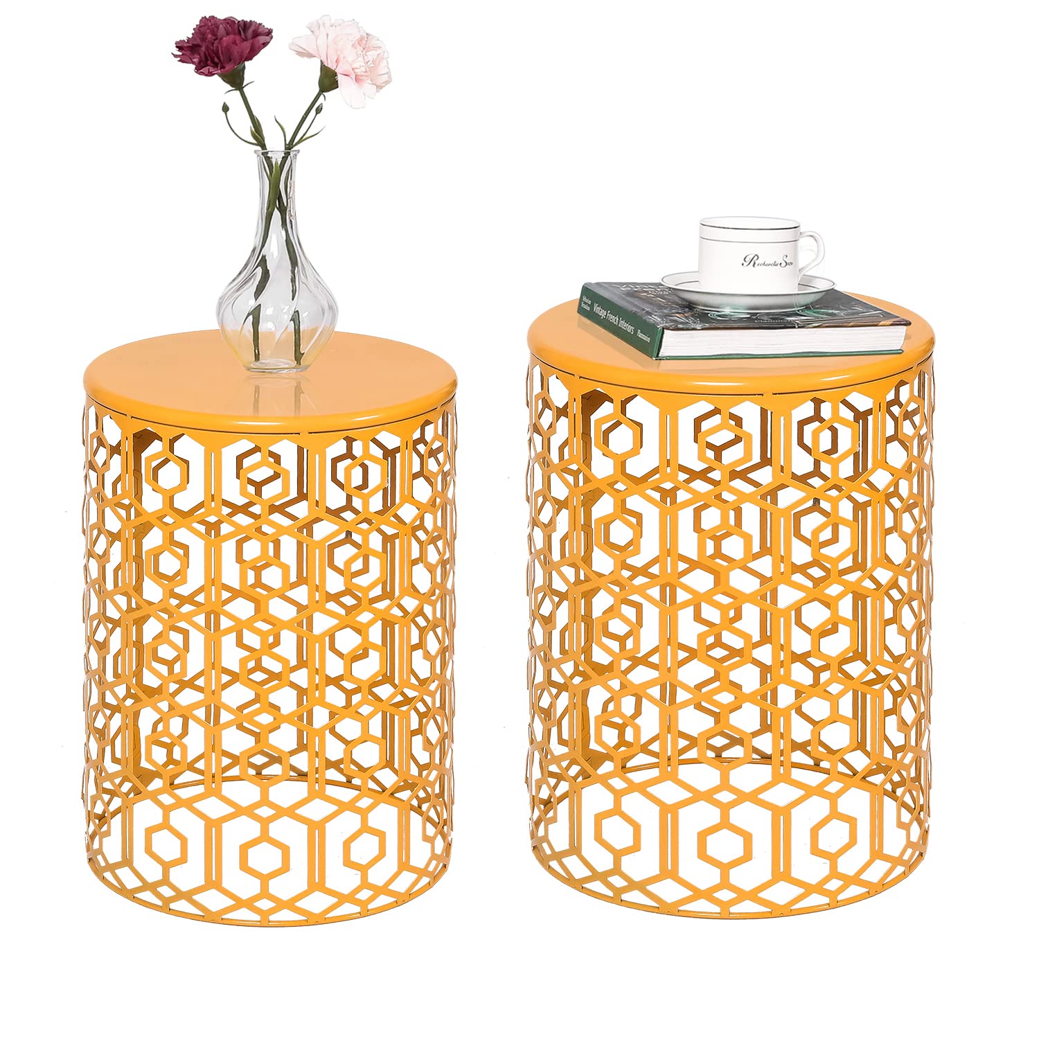 Homebeez Metal Accent Table Set of 2 - Decorative Round End Tables & Nightstands - Indoor/Outdoor Coffee & Side Tables in Orange - Perfect for Living Room, Patio & Bedroom Decor