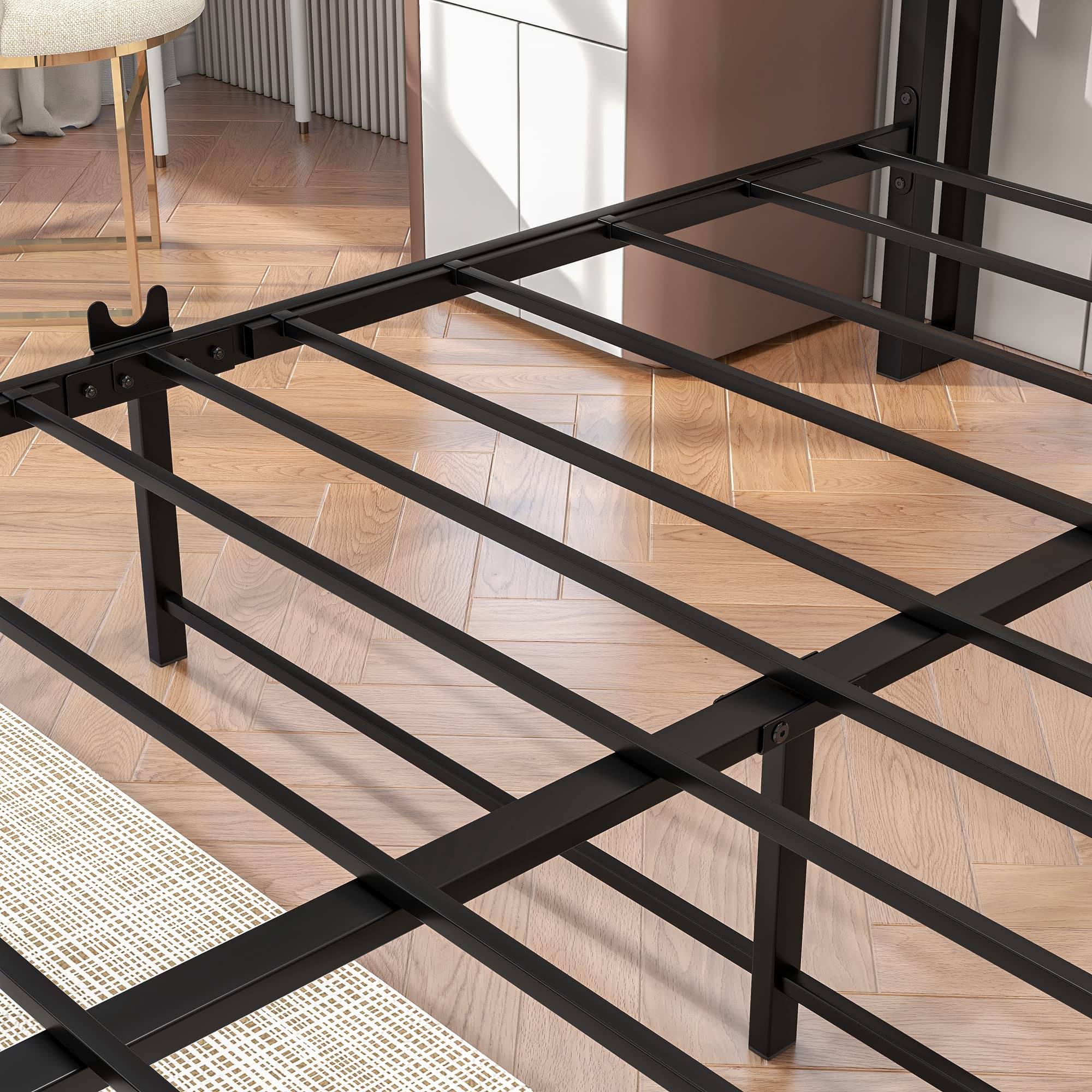BOFENG Black Queen Size Bed Frame with 2-Tier Storage Headboard & USB Charging Station - Heavy Duty Platform Bed with Under Bed Storage - No Box Spring Needed - Noise Free & Rustic Brown Finish - Perfect for Small Bedrooms, Guest Rooms & Modern Apartments
