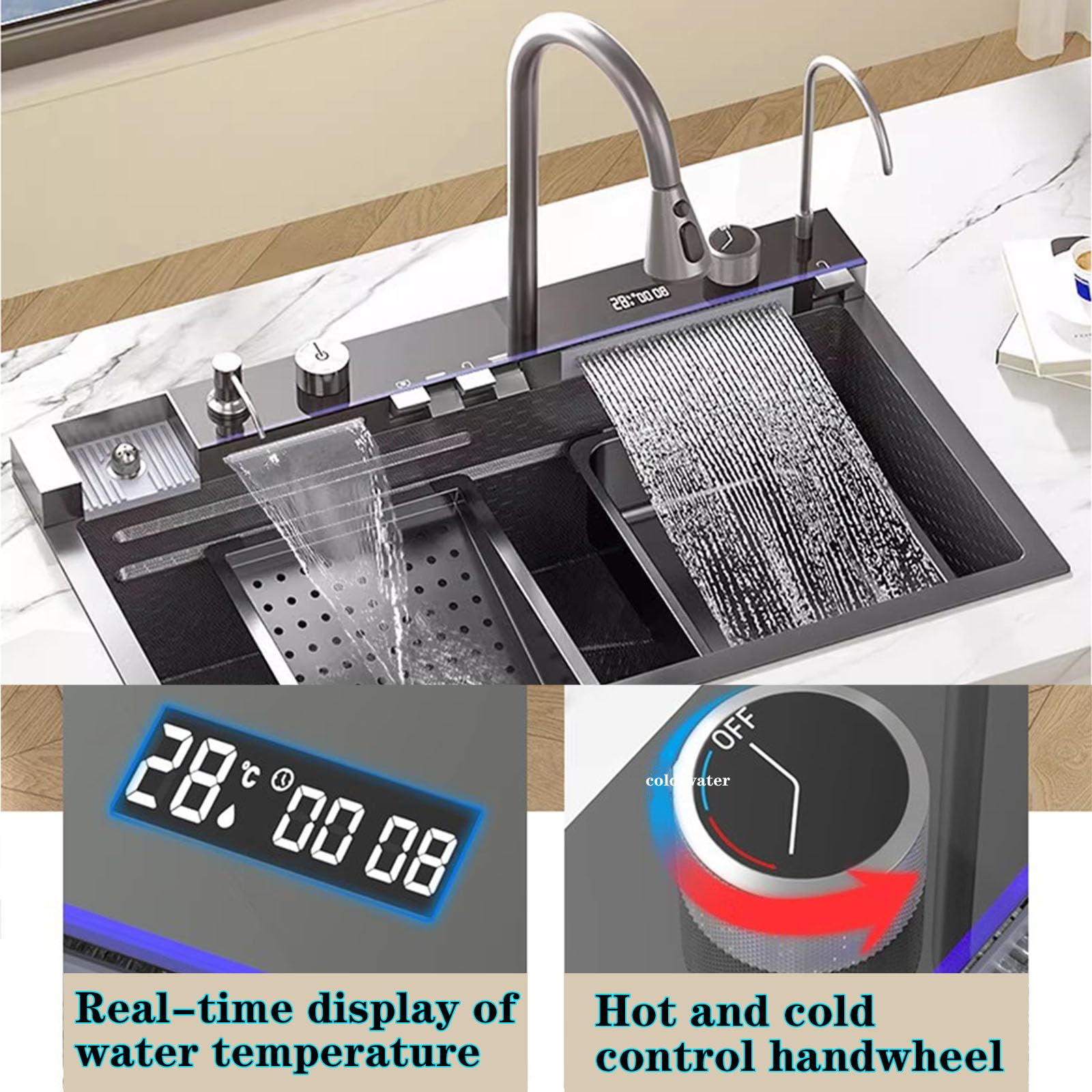 Premium Whale Digital Waterfall Kitchen Sink with Cup Washer, Soap Dispenser & Touch Controls - Modern Gun Grey Workstation Sink (31.5