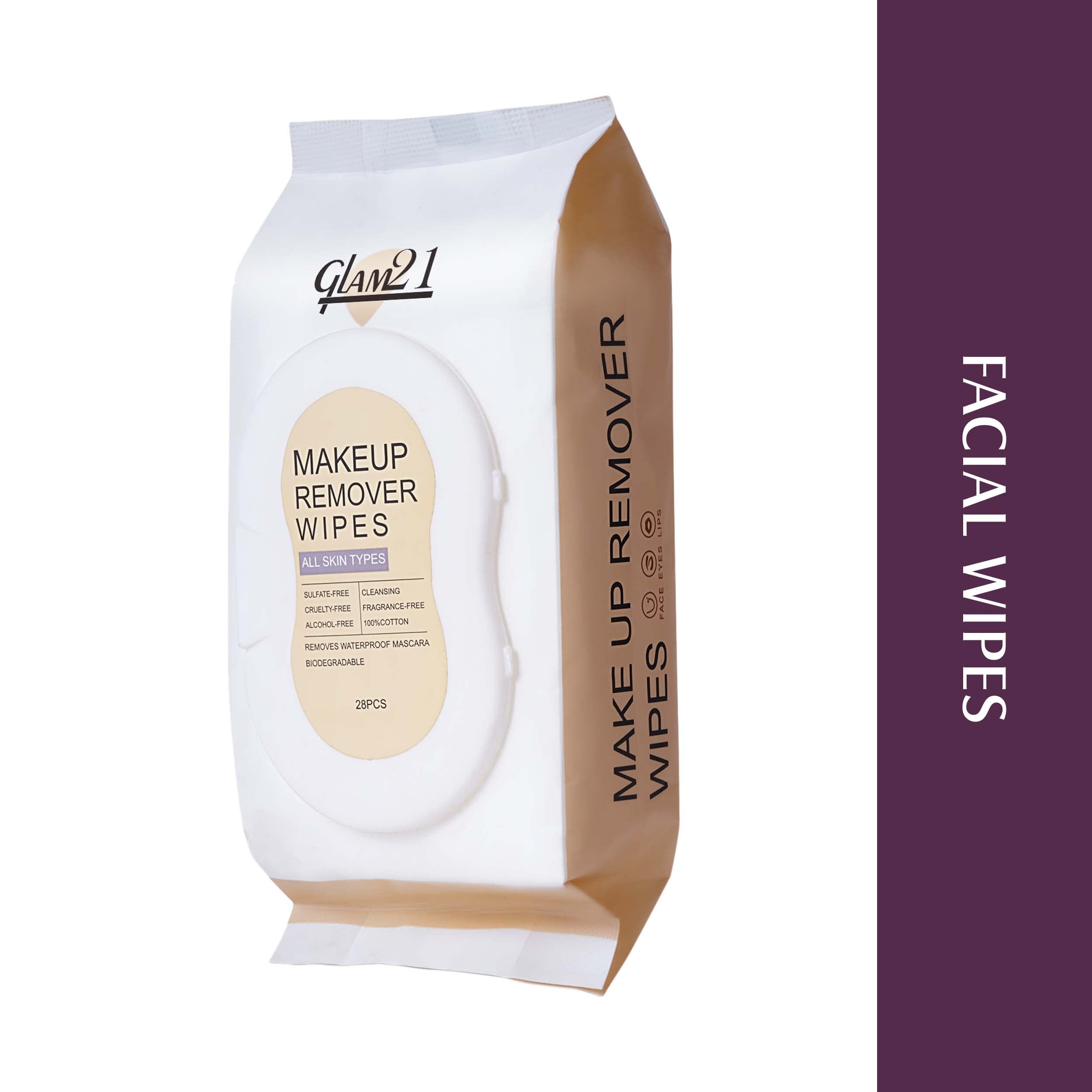 Glam21 Fragrance-Free Makeup Remover Wipes | 100% Cotton Pre-Moistened Facial Cleansing Wipes for All Skin Types | Hydrating & Refreshing | 28 Count | Perfect for Travel, Gym & Daily Skincare Routine