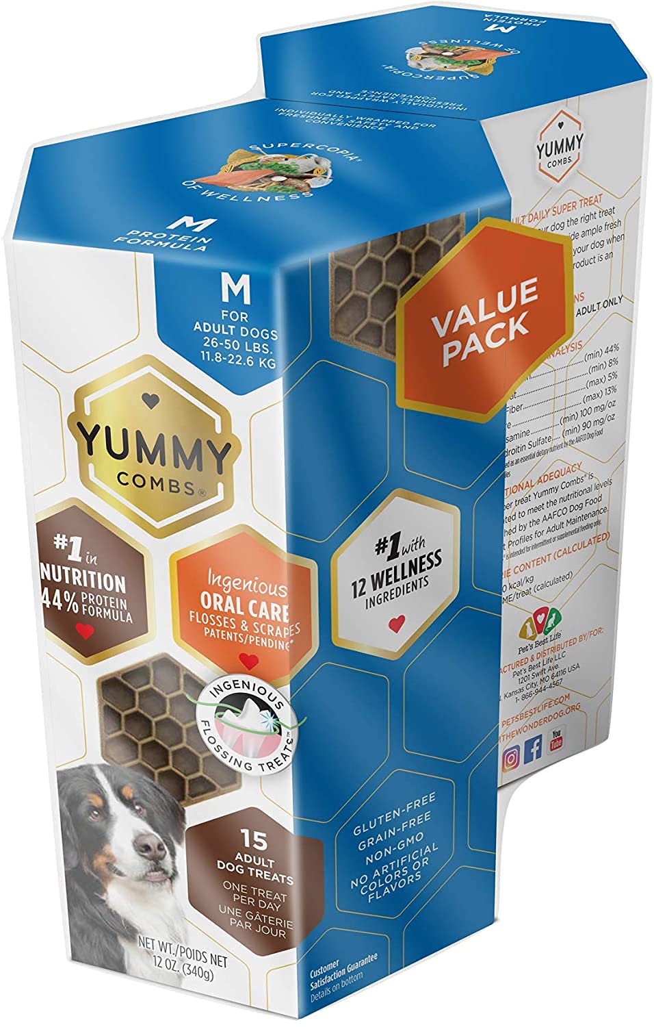YUMMY COMBS Dog Dental Treats - High Protein 44% Dental Chews for Medium Dogs 26-50Lbs | Comb-Shaped Teeth Cleaning Treats | Fresh Breath & Tartar Control | Perfect for Daily Oral Care & Training Rewards (12oz, 15 Count - 2 Pack)