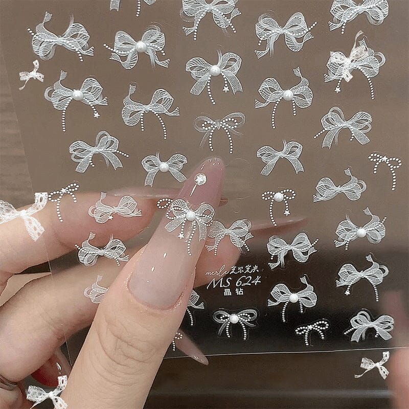 3D White Lace Bowknot Nail Stickers with Rhinestones - T355 #01 for Manicure, Nail Art, and Special Occasions