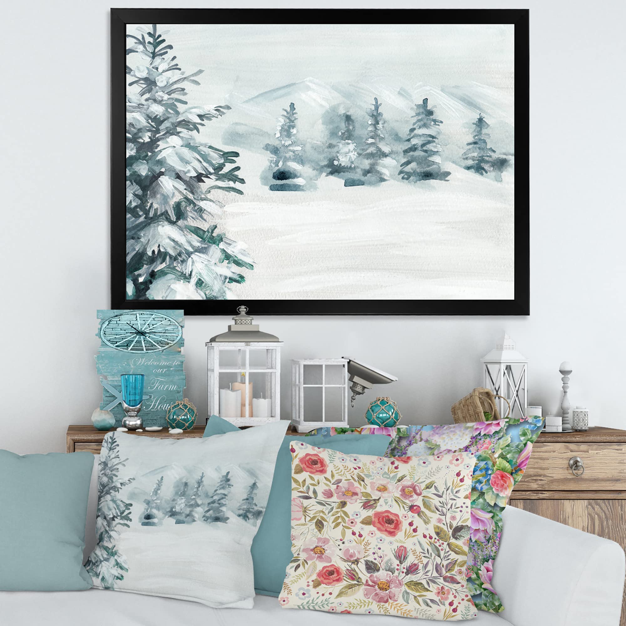 DesignQ Snowy Pine Trees Traditional Framed Wall Art - Winter Landscape Canvas Painting for Living Room, Bedroom & Office Decor