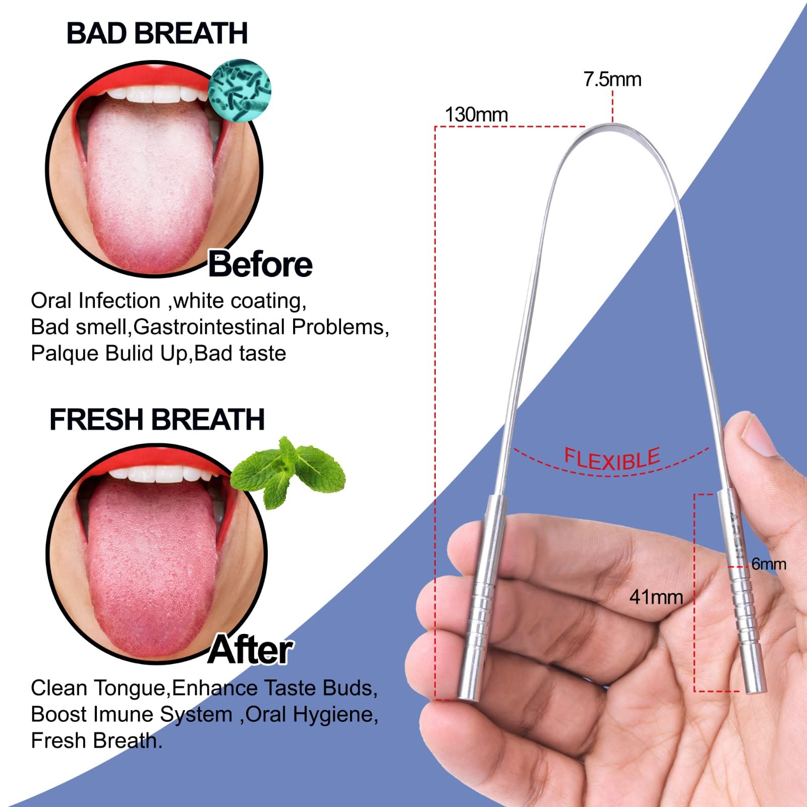 Premium Stainless Steel Tongue Scraper for Adults - 100% Metal Tongue Cleaner for Oral Hygiene & Fresh Breath - Bad Breath Remover for Men & Women - Perfect for Daily Dental Care Routine & Travel Hygiene Kit