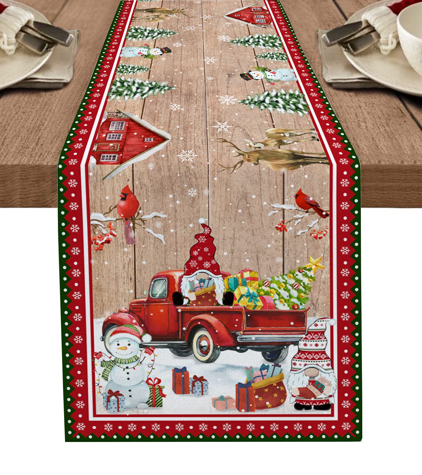 Non-Slip Christmas Truck Table Runner - 13x36 Inch Rustic Cotton Linen Table Decor for Dining, Coffee Table, Wedding & Holiday Parties | Perfect for Xmas, Gnome-Themed Decor & Outdoor Gatherings